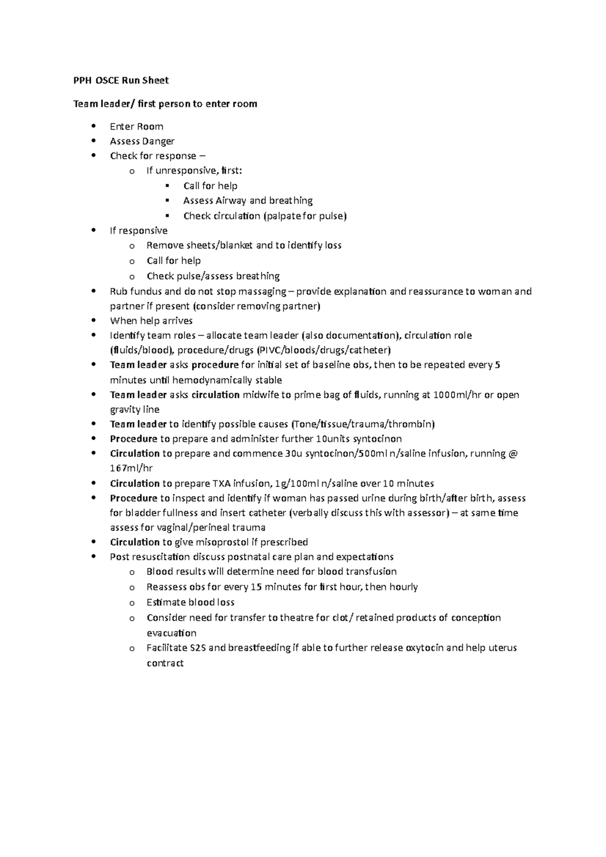 PPH OSCE Run Sheet - Study - PPH OSCE Run Sheet Team leader/ first ...