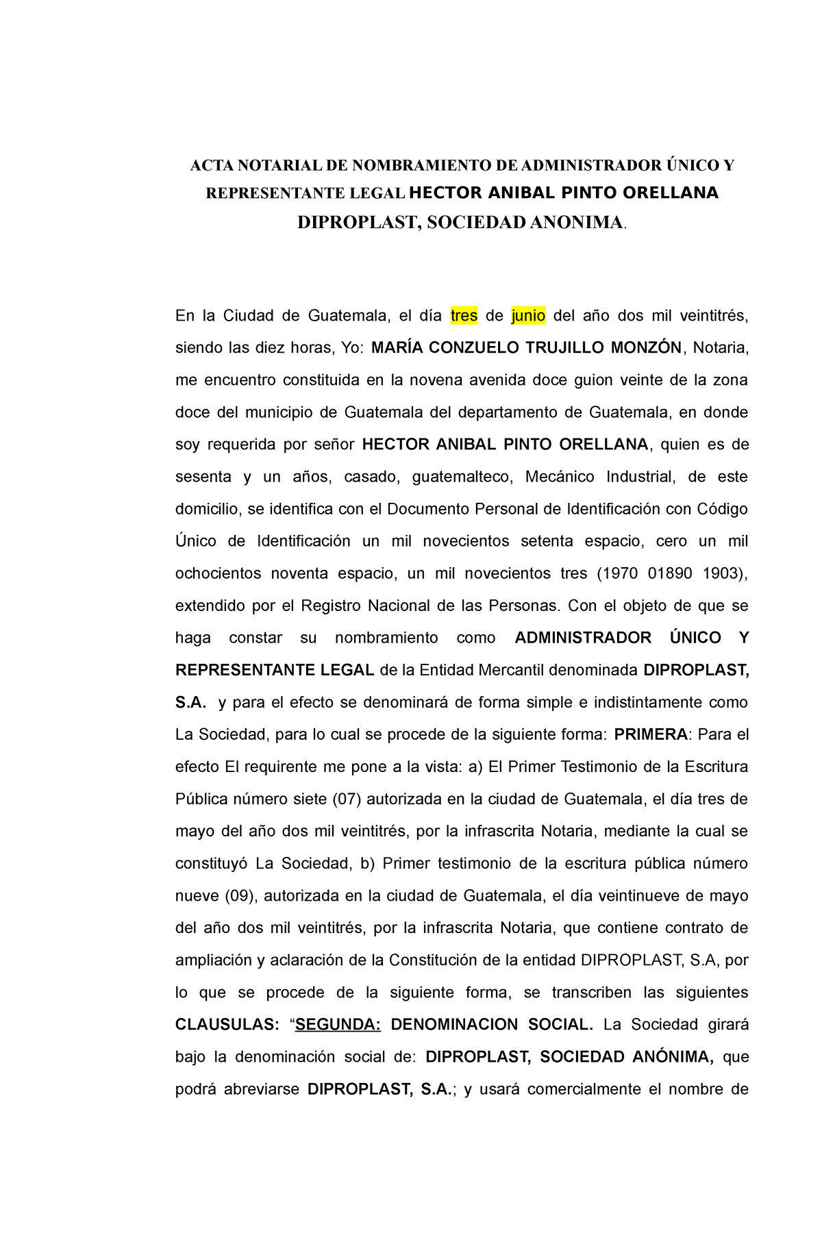 Ampliacion Acta Notarial De Nombramiento De Administrador Único Y