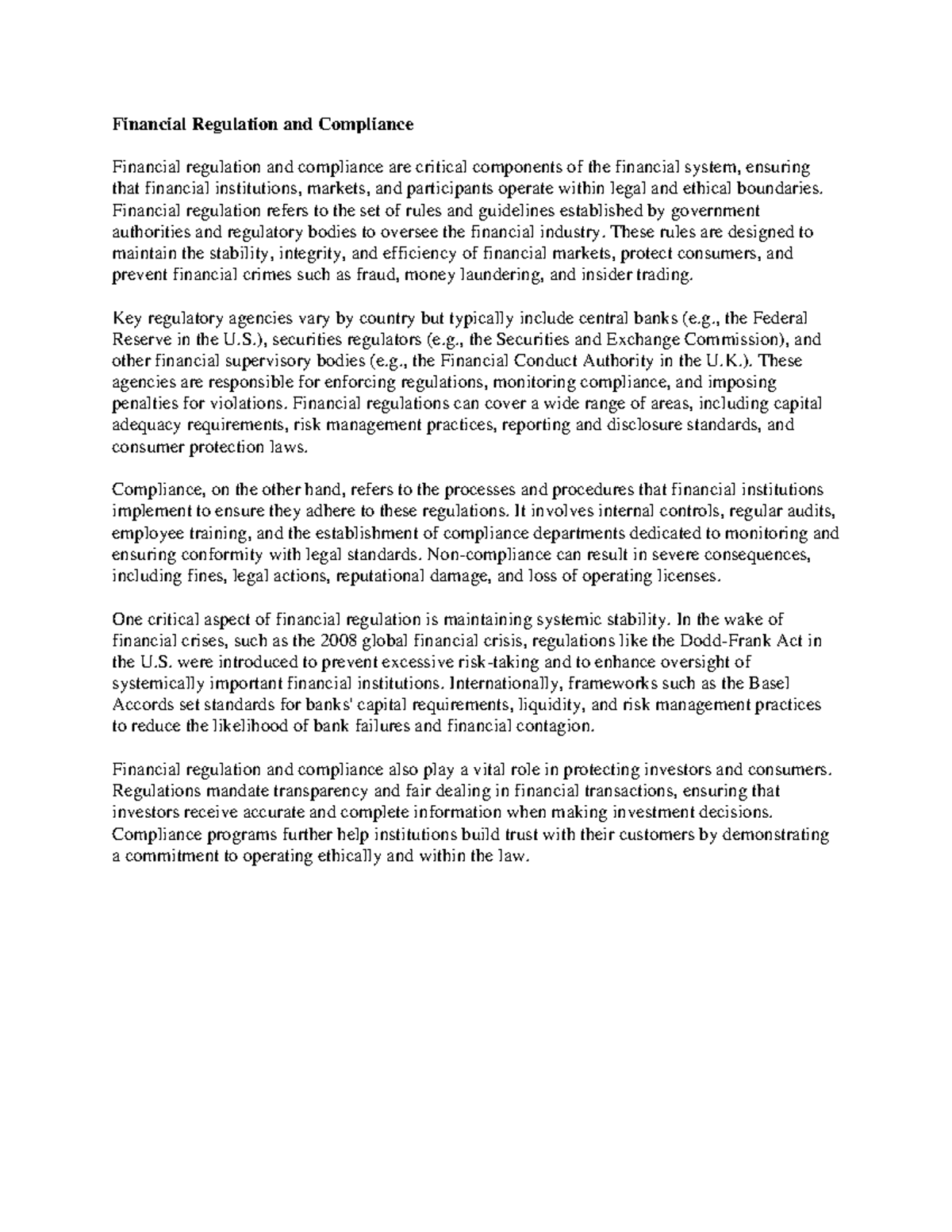 Financial regulation and compliance are critical components of the ...