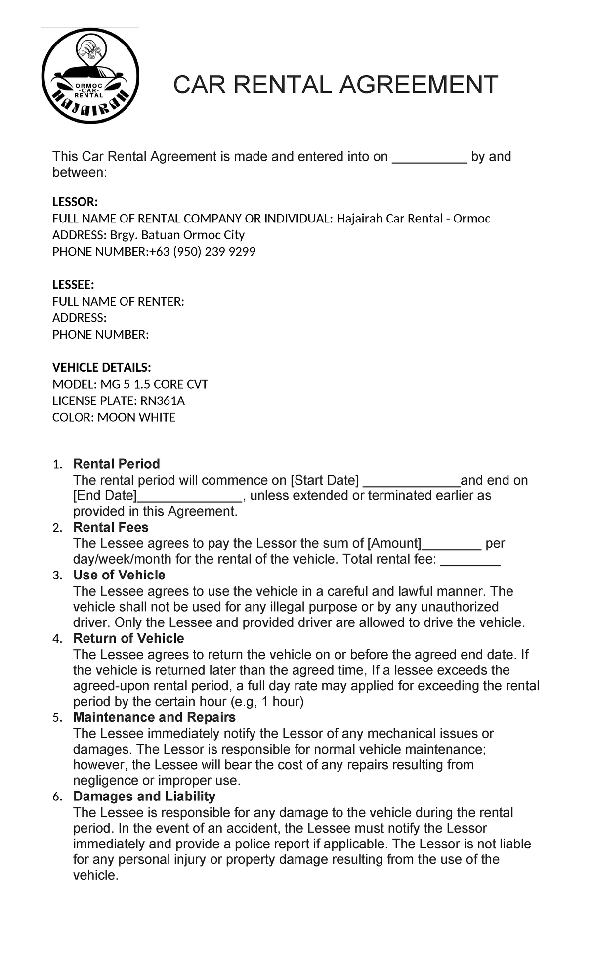 CAR Rental Agreement - CAR RENTAL AGREEMENT This Car Rental Agreement ...