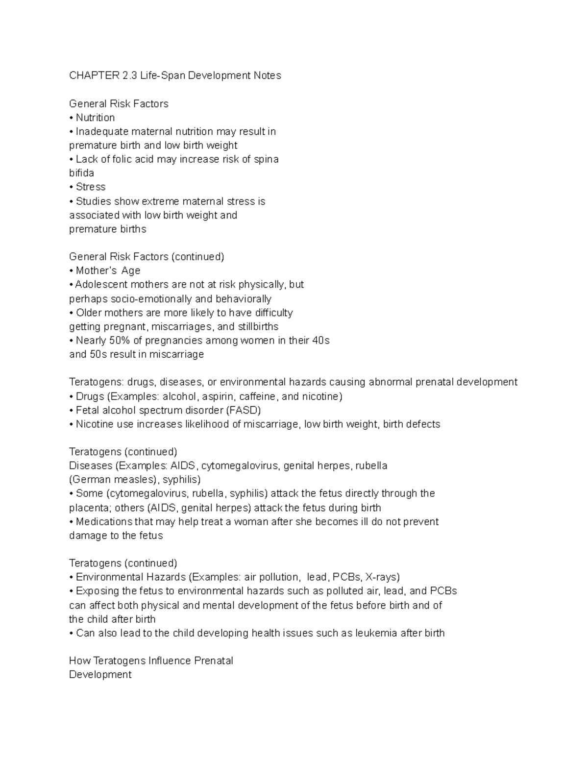 CHAPTER 2.3 Life-Span Development Notes - CHAPTER 2 Life-Span ...