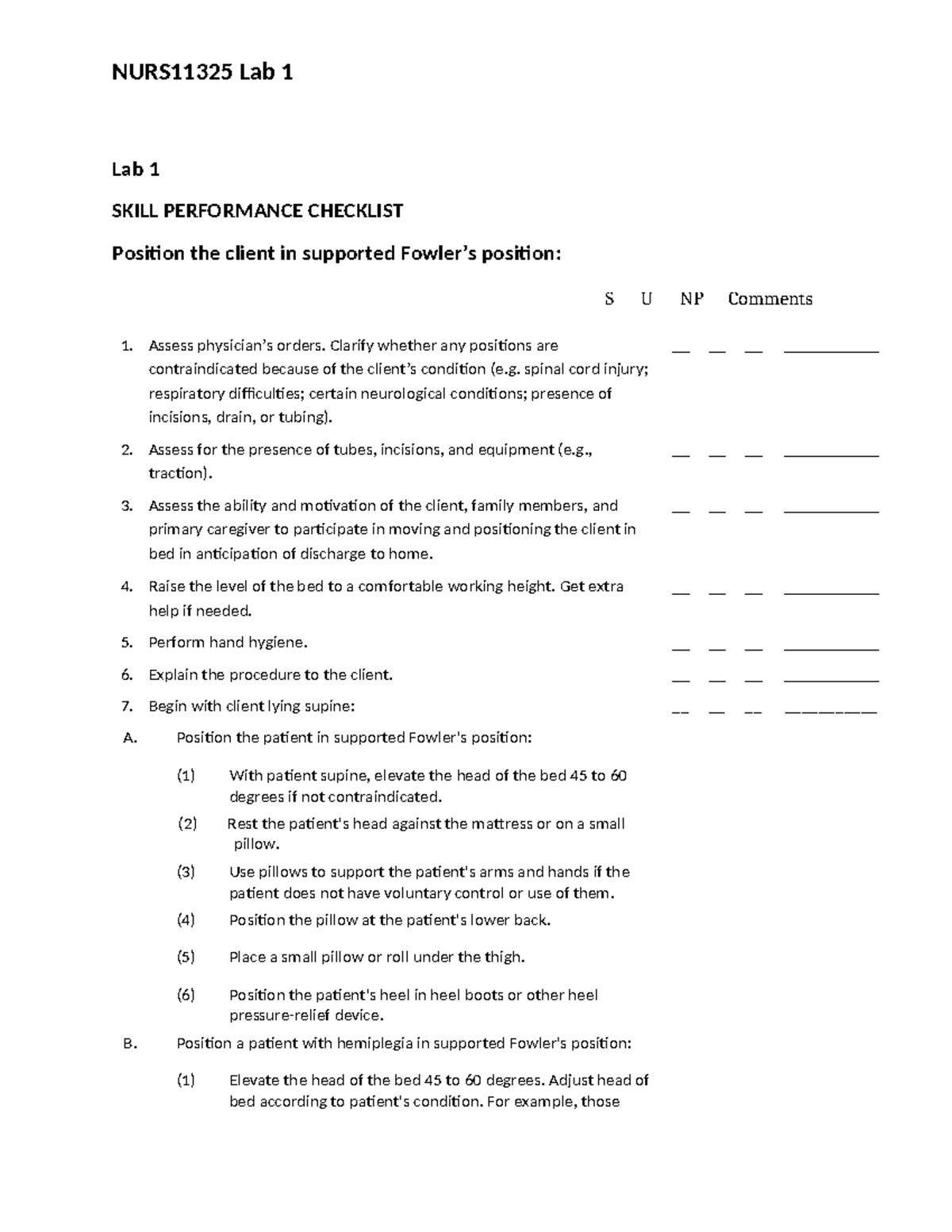 Fowler's position - NURS11325 Lab 1 Lab 1 SKILL PERFORMANCE CHECKLIST ...