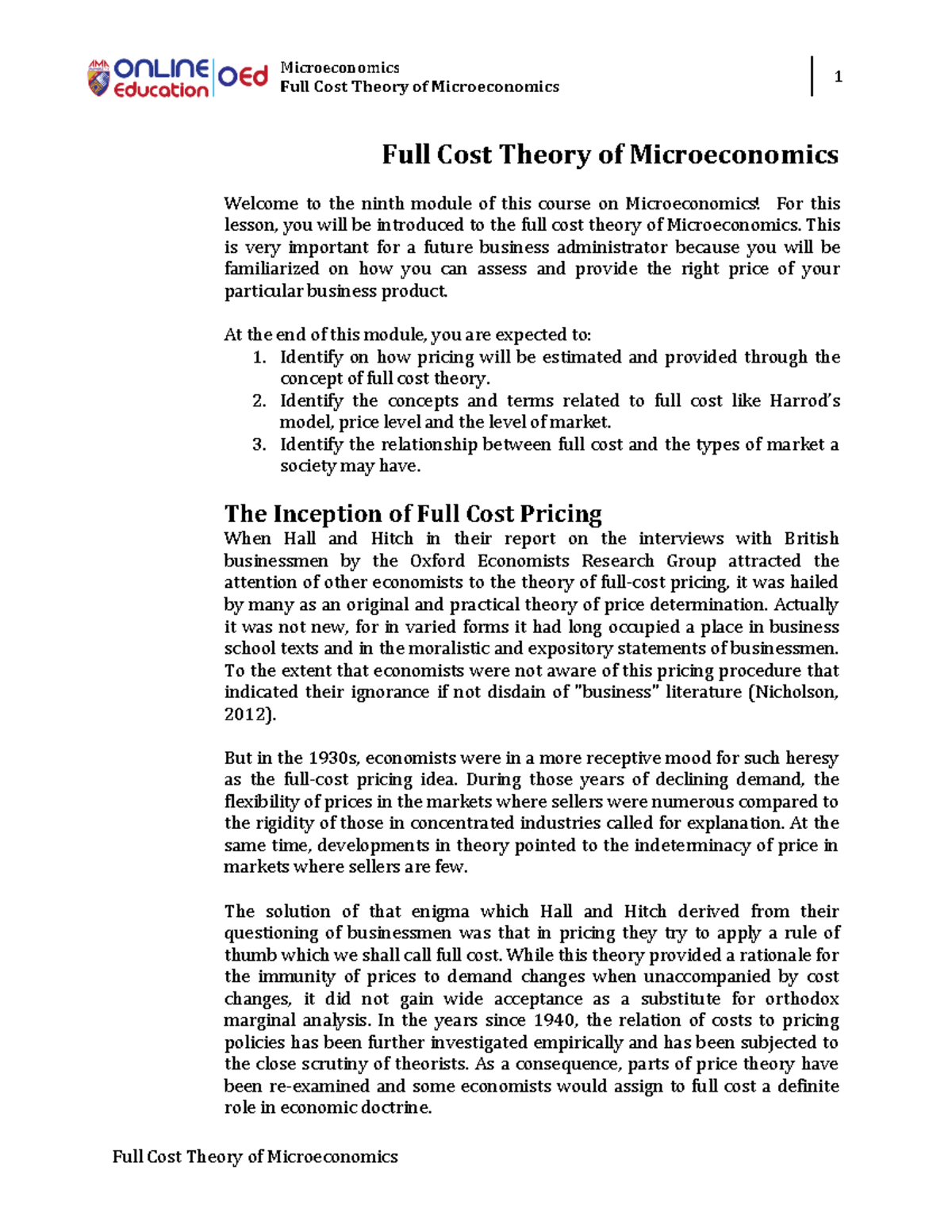 W9 Lesson 7. Full Cost Theory of Microeconomics Module Full Cost
