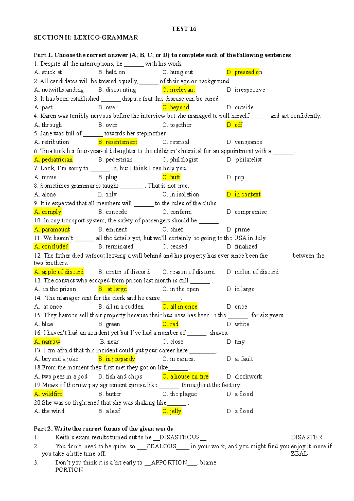 De 16 - Fds - Test 16 Section Ii: Lexico-grammar Part 1. Choose The 