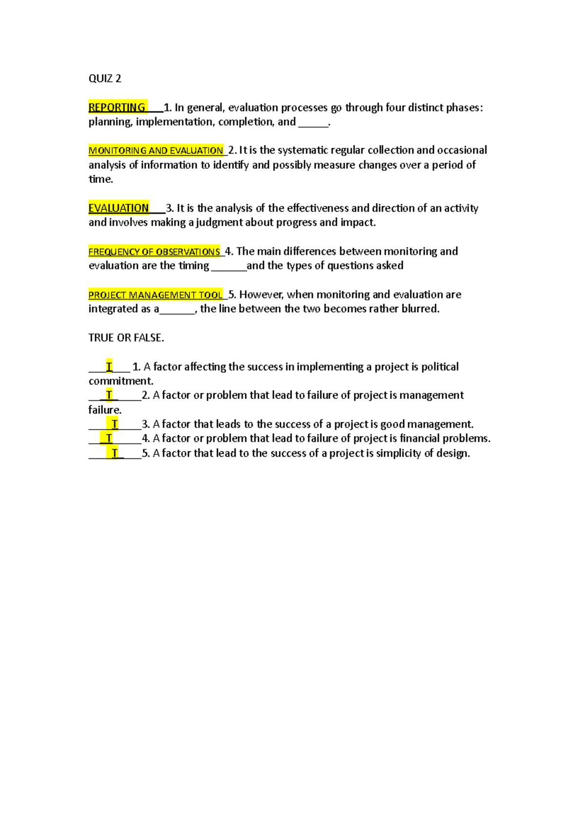 Project Management 2 - Practice questions for quizzes - QUIZ 2 ...