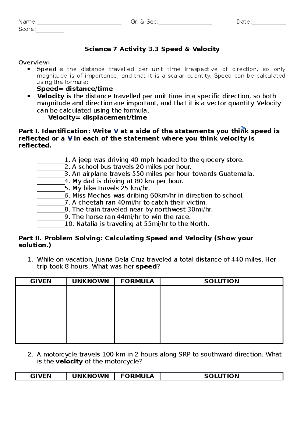 Activity 3.2 Motion - Name:______________________________ Gr. & Sec