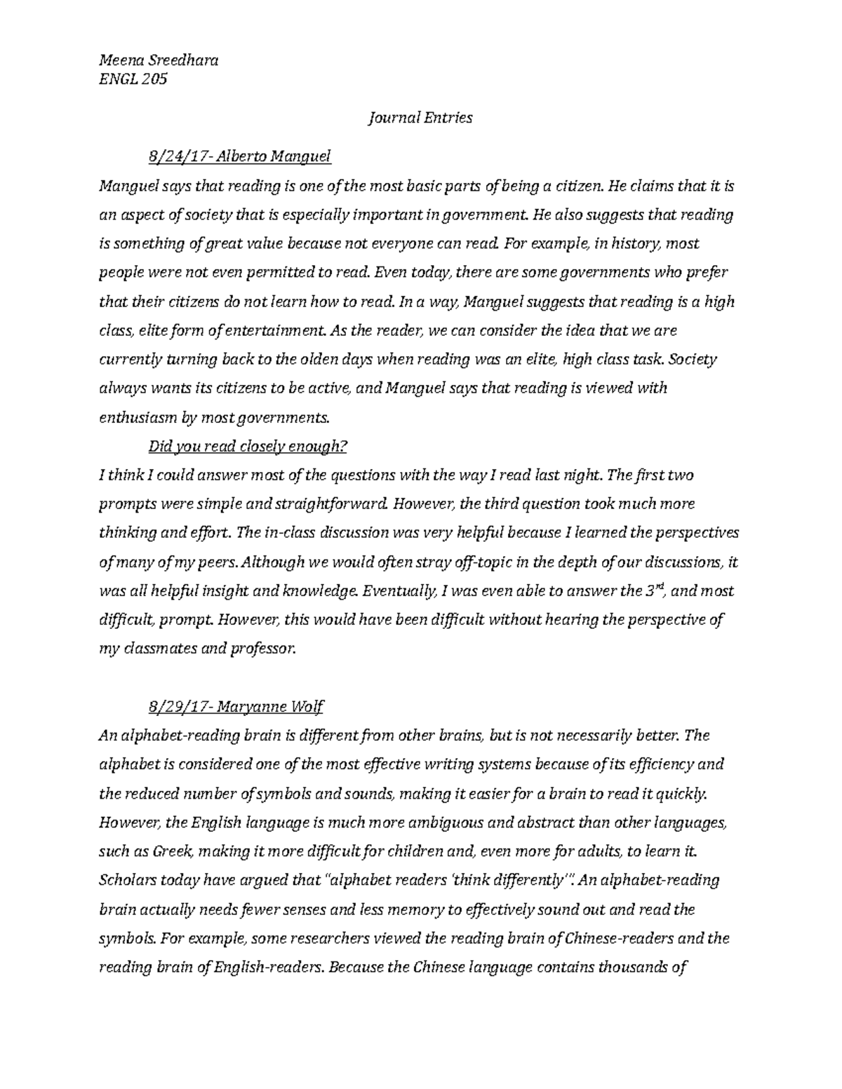 Journal Entries For Whole Semester Meena Sreedhara ENGL 205 Journal 