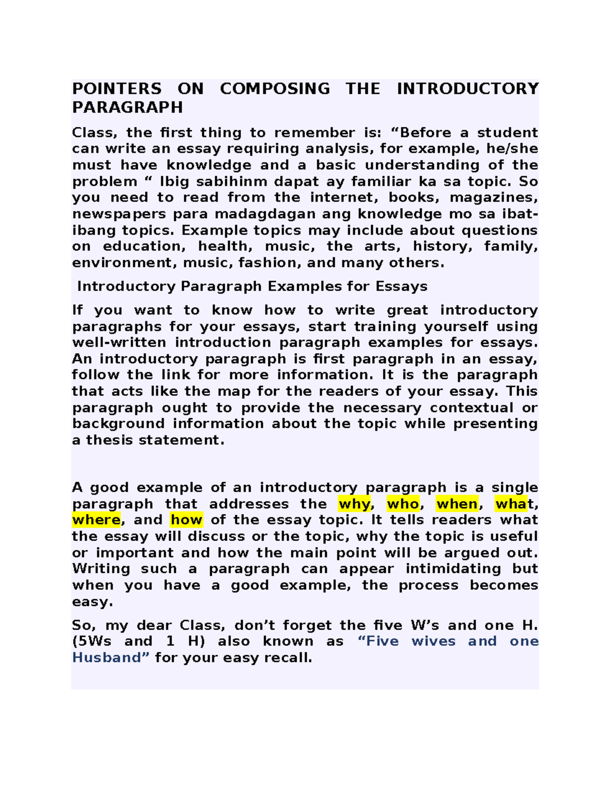 Introductory Paragraph Examples for PCOM Class - POINTERS ON COMPOSING ...