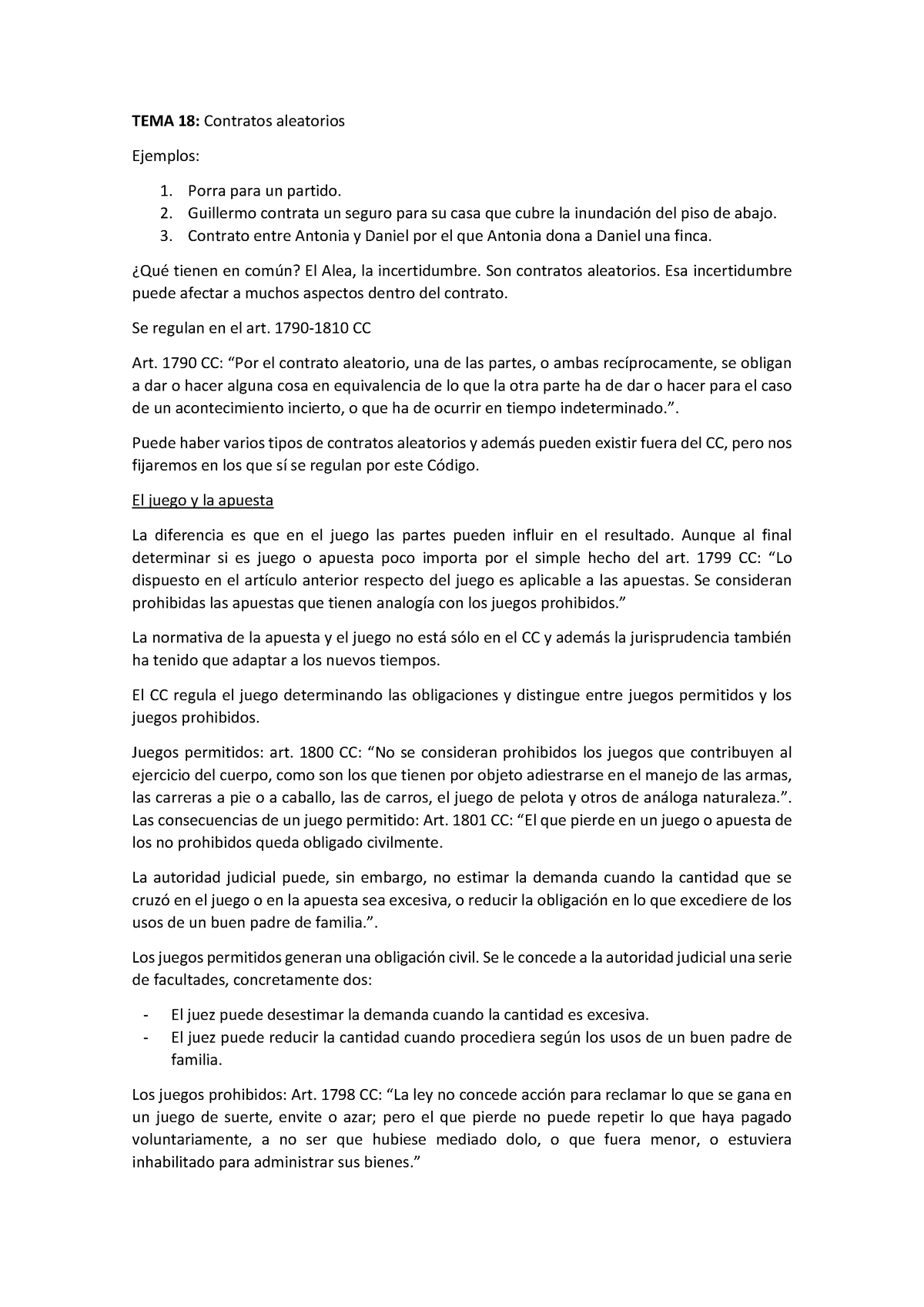 TEMA 18 contratos aleatorios - TEMA 18: Contratos aleatorios Ejemplos: 1.  Porra para un partido. 2. - Studocu