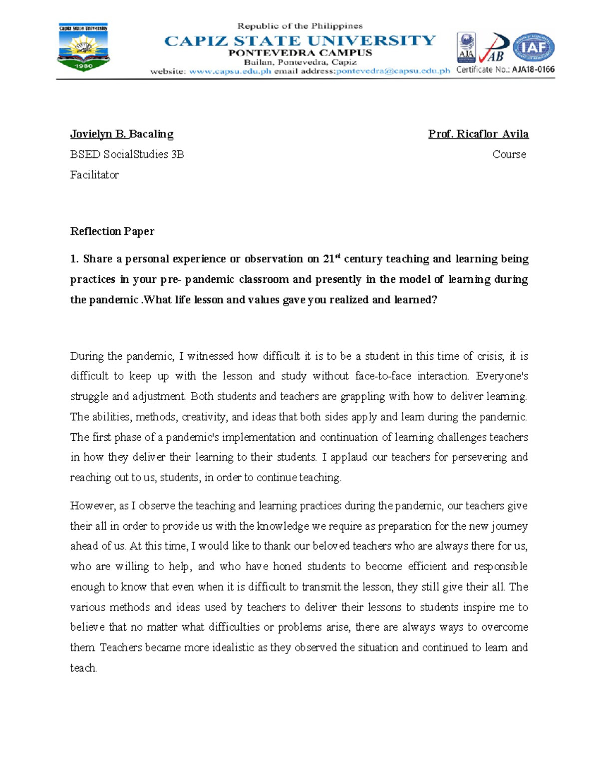 reflection essay on social studies