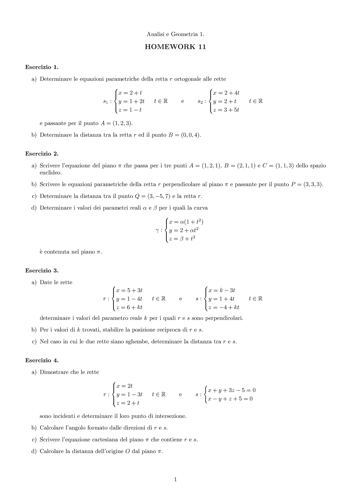 Homework 11 - Esercizi Sui Vettori - Analisi E Geometria 1. HOMEWORK 11 ...