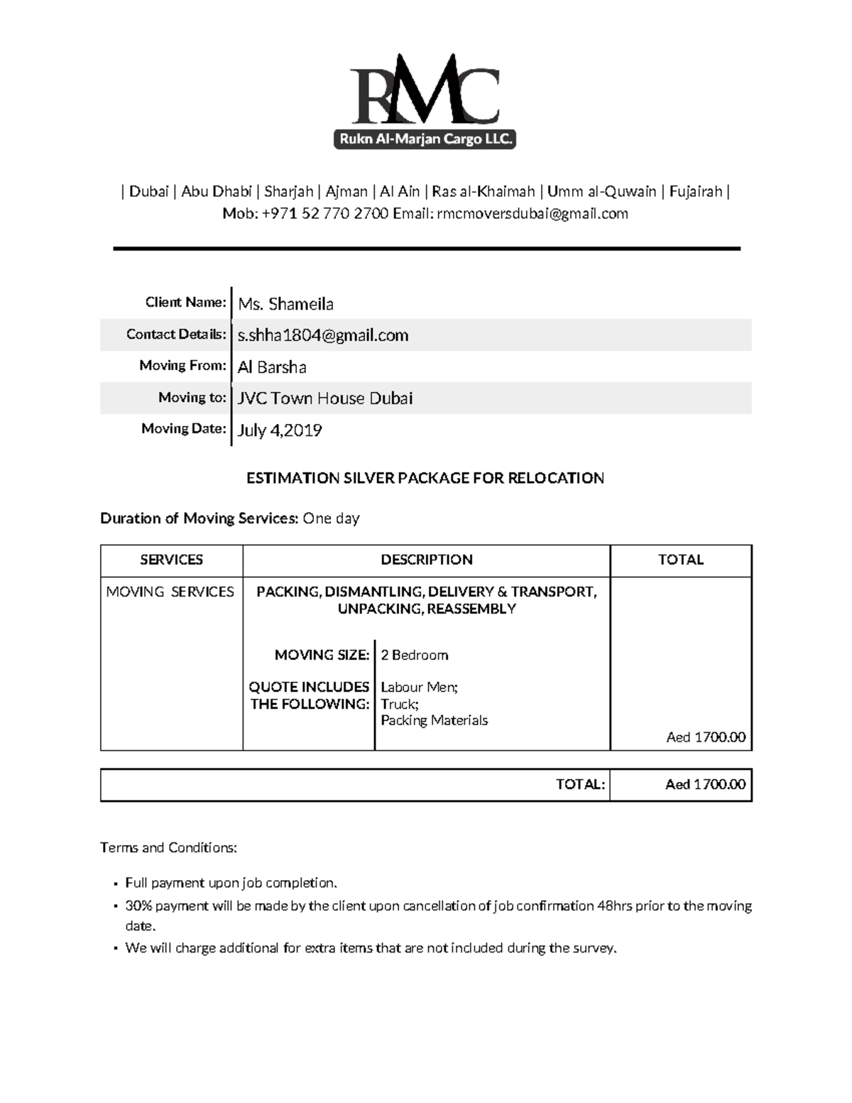 Ms. Shameila Silver Package Moving Quotation - | Dubai | Abu Dhabi ...
