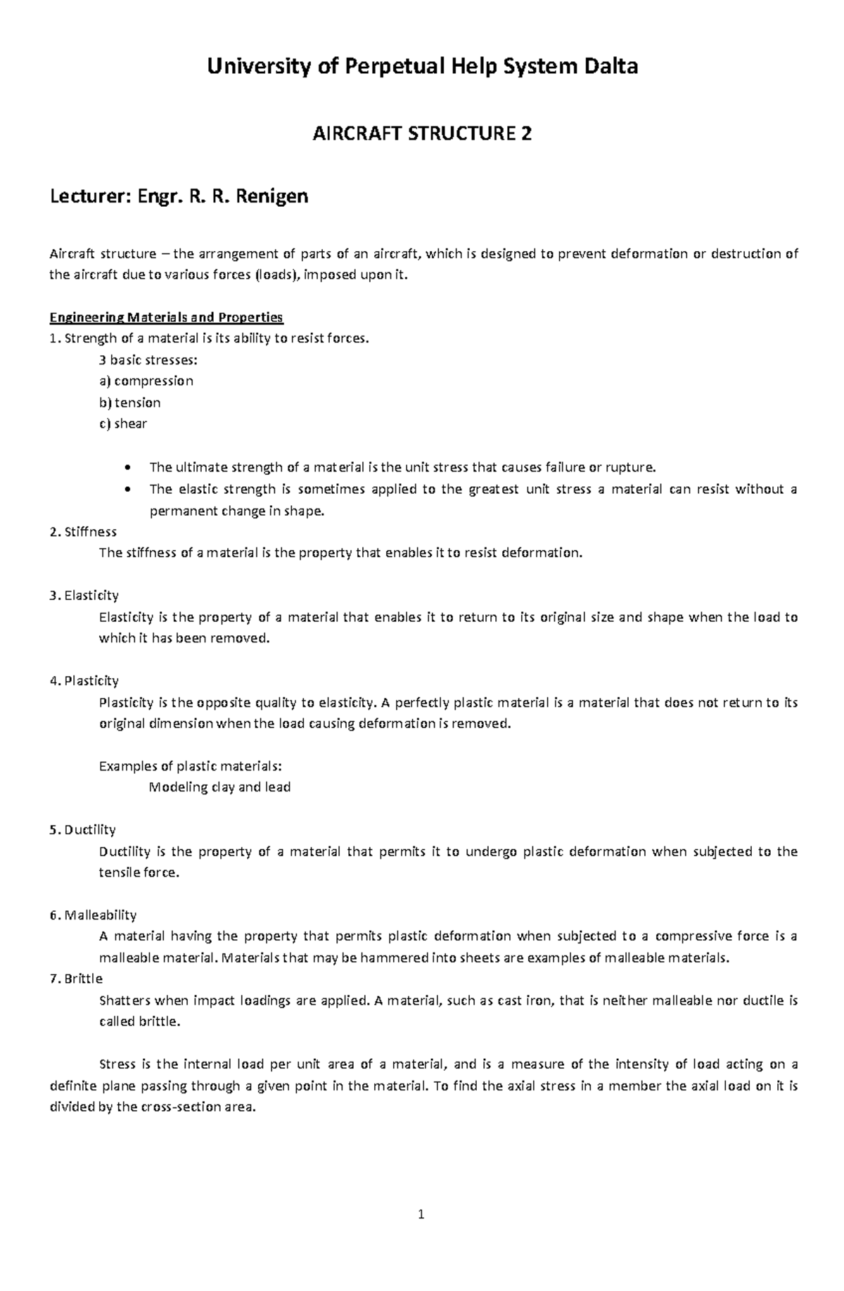 AERO 3211 Aircraft Structure 2 Discussion 1 - University of Perpetual ...
