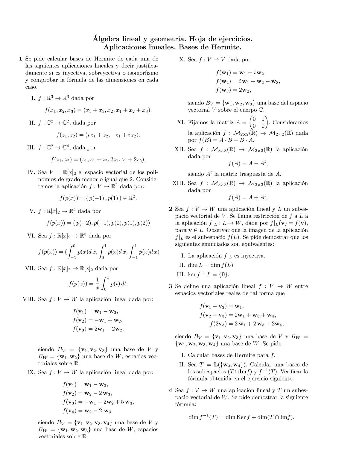 4 Aplicaciones Y Bases De Hermite Algebra Lineal Y Geometr ́ıa Hoja De Ejercicios ́ 2582