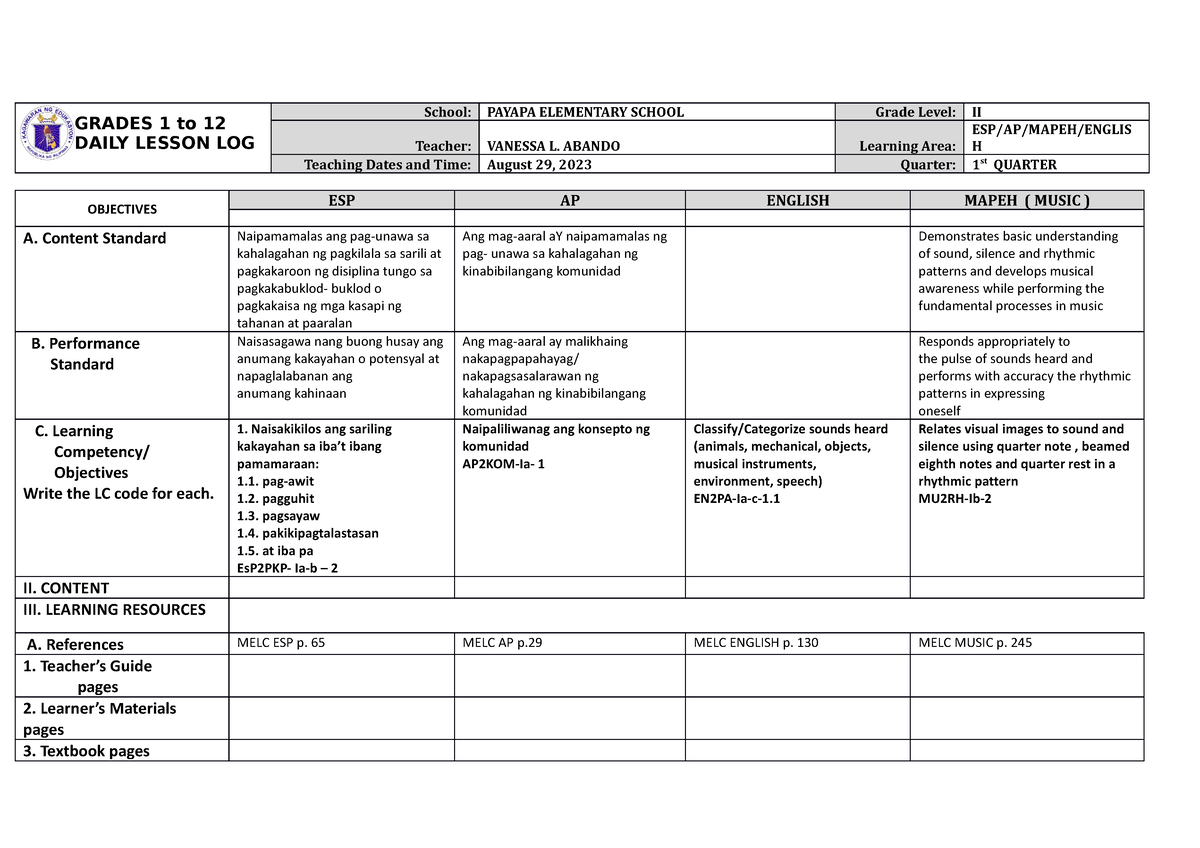 August 29, 2023 - LESSON PLAN - GRADES 1 to 12 DAILY LESSON LOG School ...