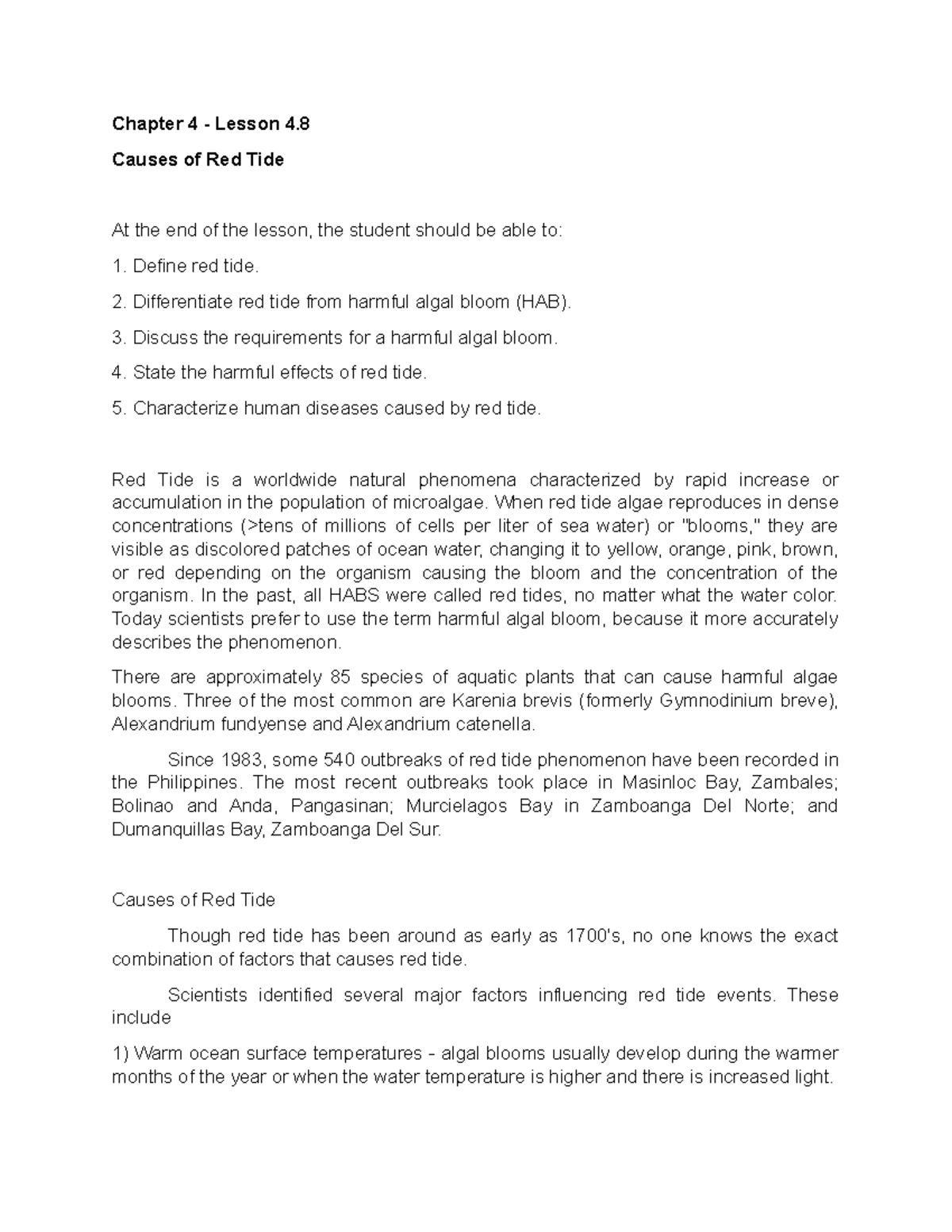 Causes of Red Tide Chapter 4 Lesson 4. Causes of Red Tide At the