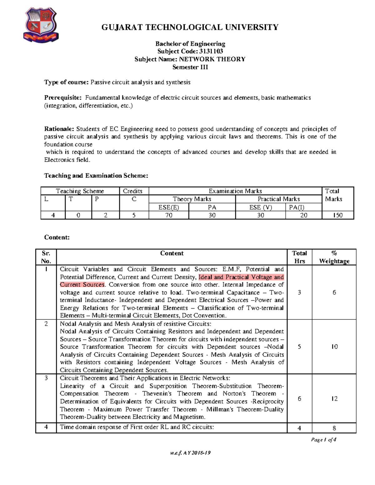 NT syllabus Bachelor of Engineering Subject Code 3131103 Page 1 of 4