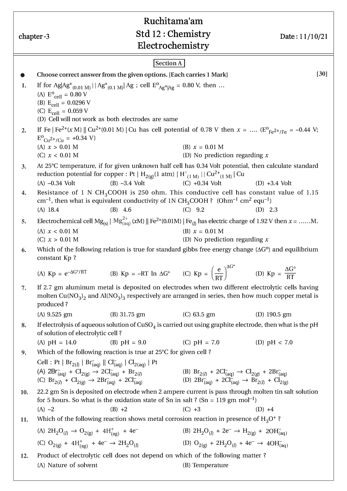 Electrochemistry D11Oct2021 Section A • Choose correct answer from the given options. [Each