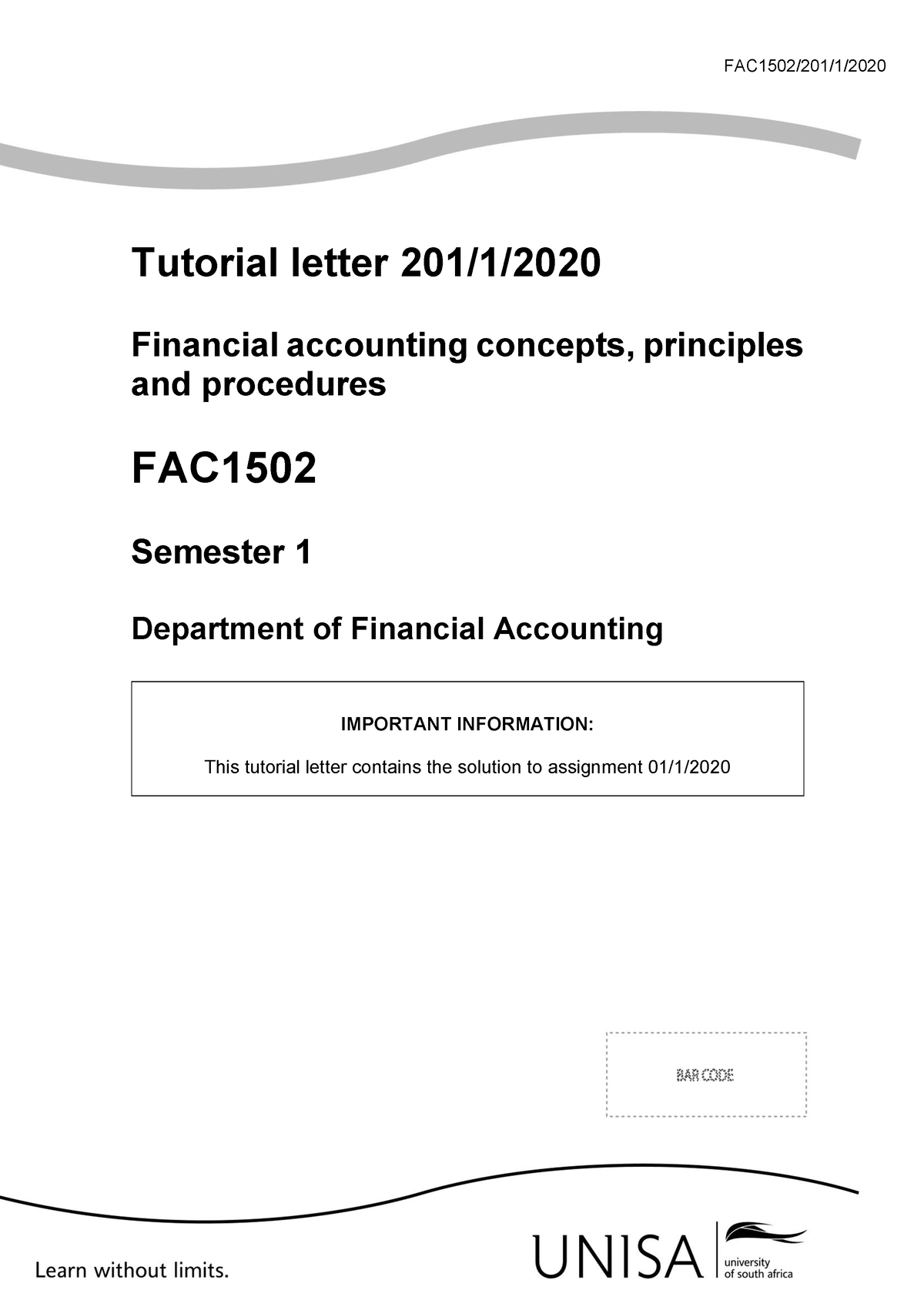 UNISA Financial Accounting Theory FAC 1502 - FAC1502/201/1/ Tutorial ...