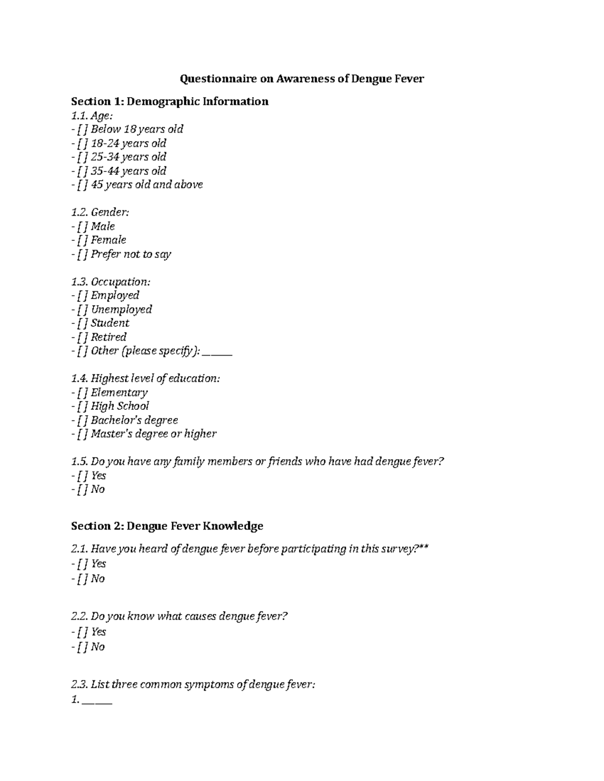 Creating a questionnaire for your study on the level of awareness among