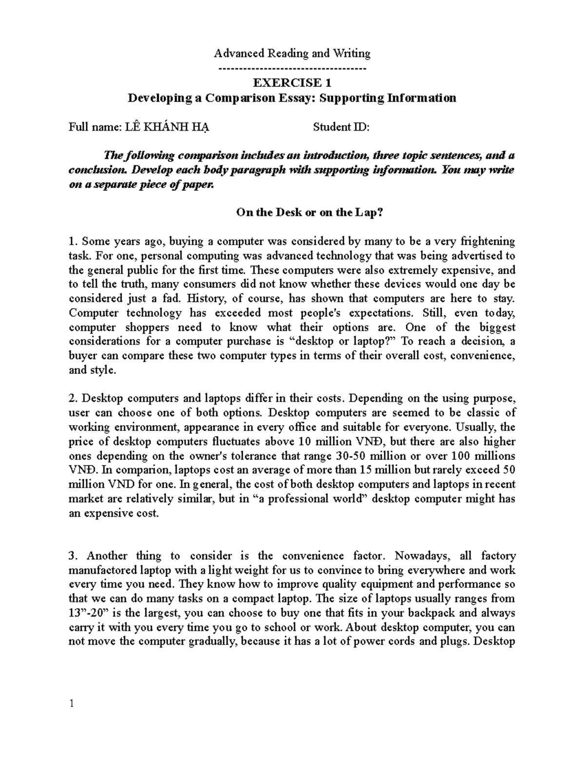 Exercise 1 ReadingWritingTuesday Advanced Reading and Writing