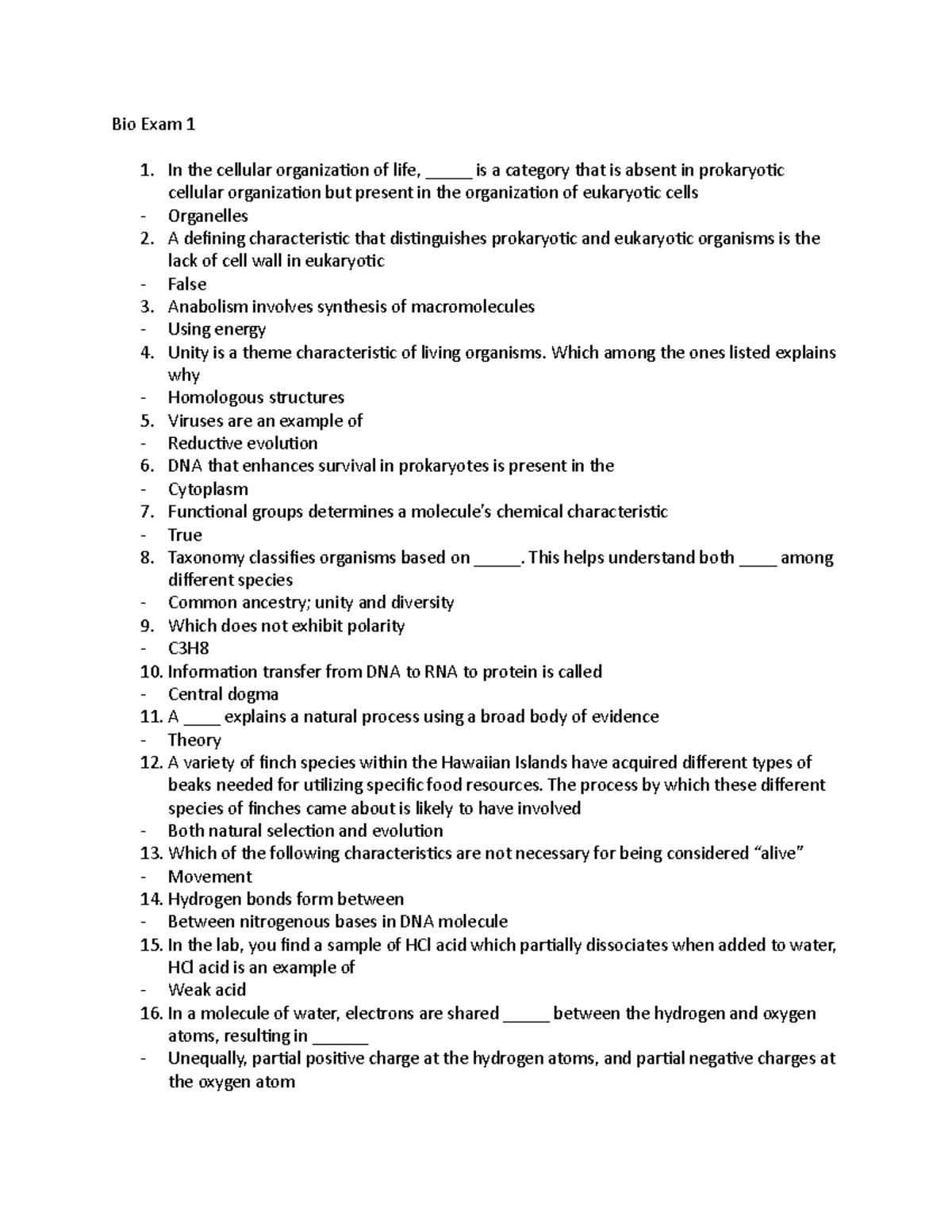 Bio Exam 1 Review Answers - Bio Exam 1 In The Cellular Organization Of ...