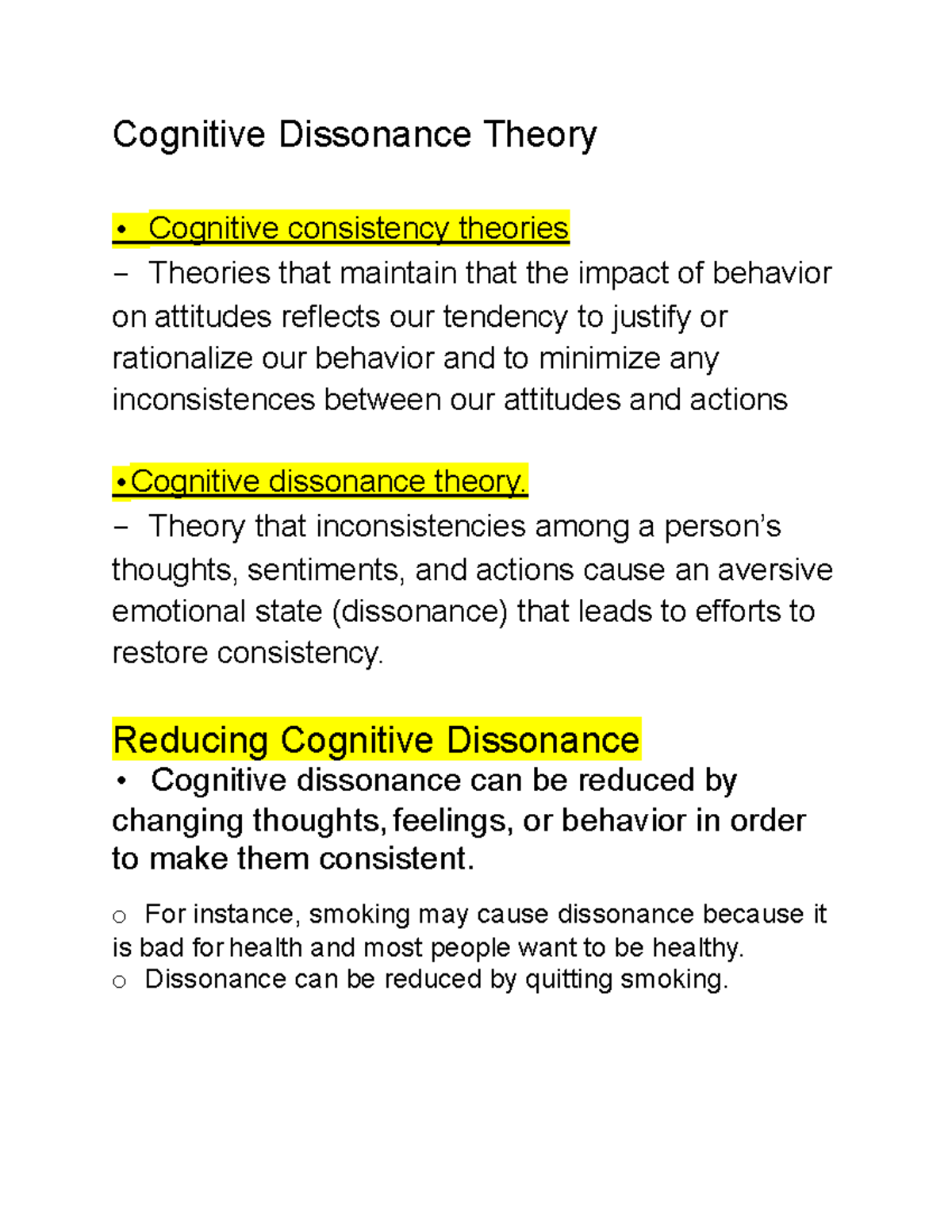 Social Psych Notes 7 - Cognitive Dissonance Theory • Cognitive ...