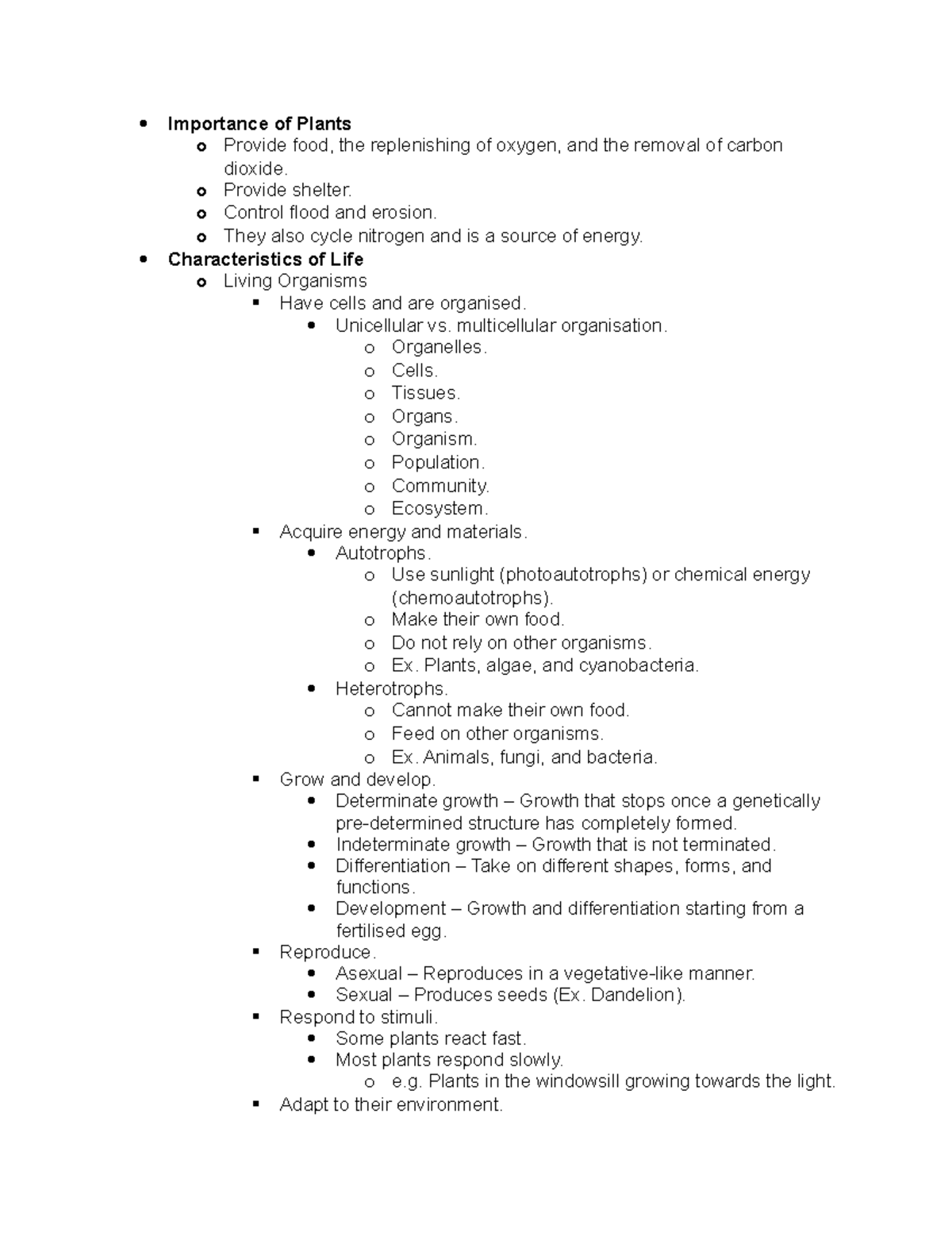 ENVS 150 - Lecture notes All - Importance of Plants o Provide food, the ...