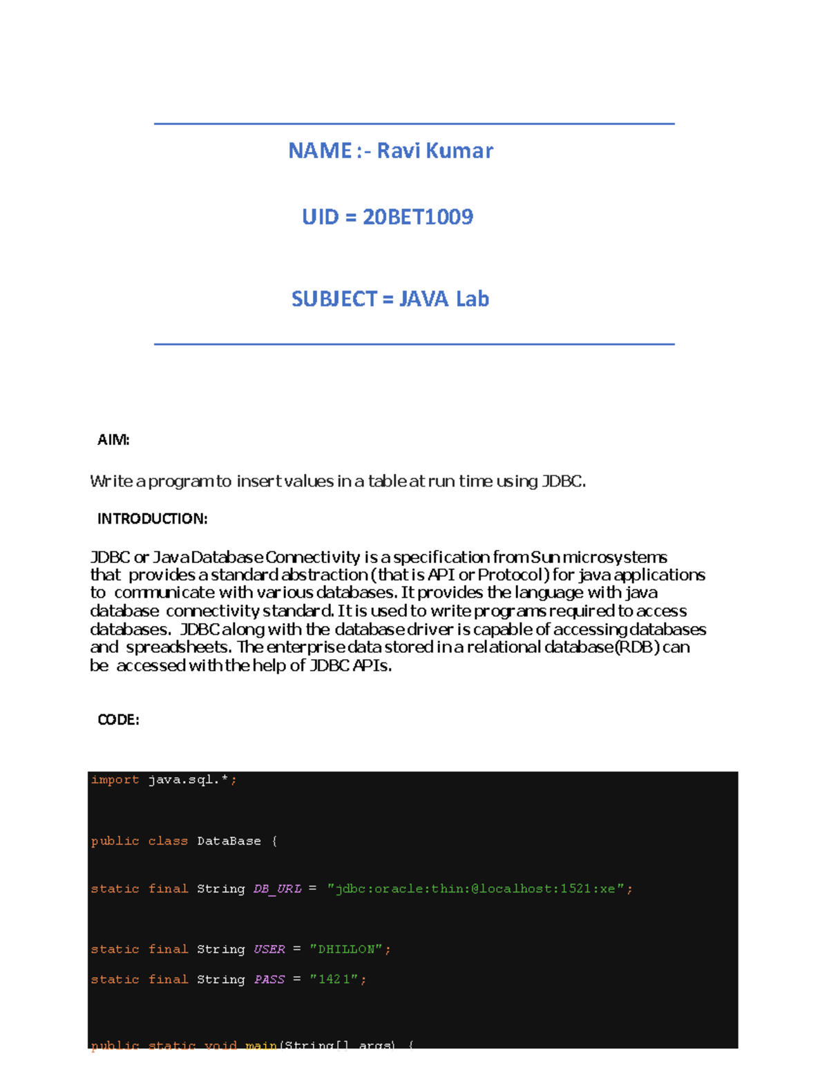 Worksheet 3 - NAME :- Ravi Kumar UID = 20BET SUBJECT = JAVA Lab AIM ...