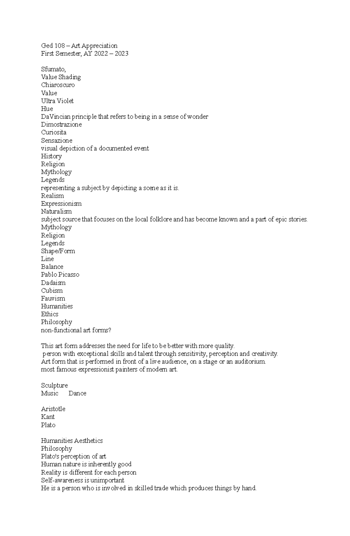 Pointer Exam Art App GEd108 Ged 108 Art Appreciation First Semester