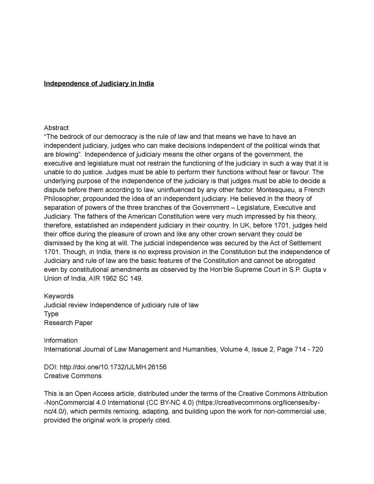 research paper on independence of judiciary in india