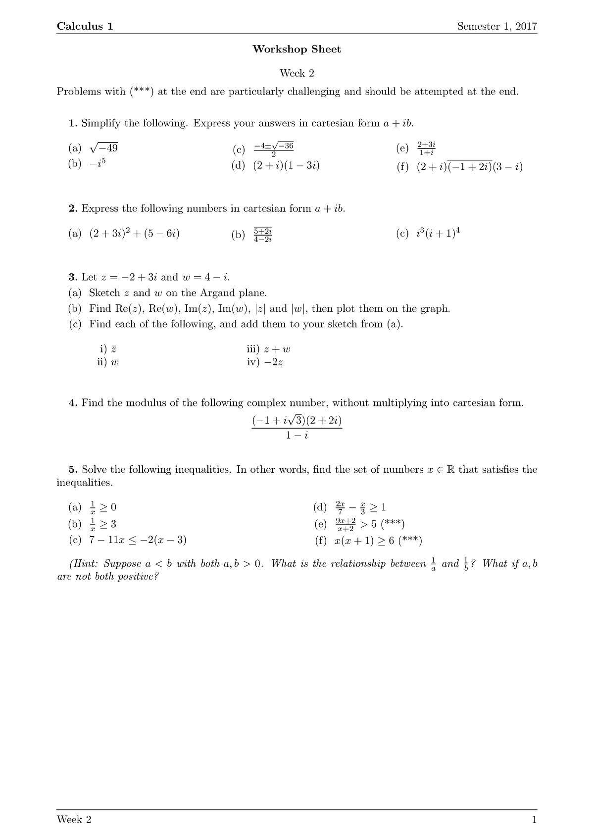 W2-Ques - With answers - Calculus 1 Semester 1, 2017 Workshop Sheet ...