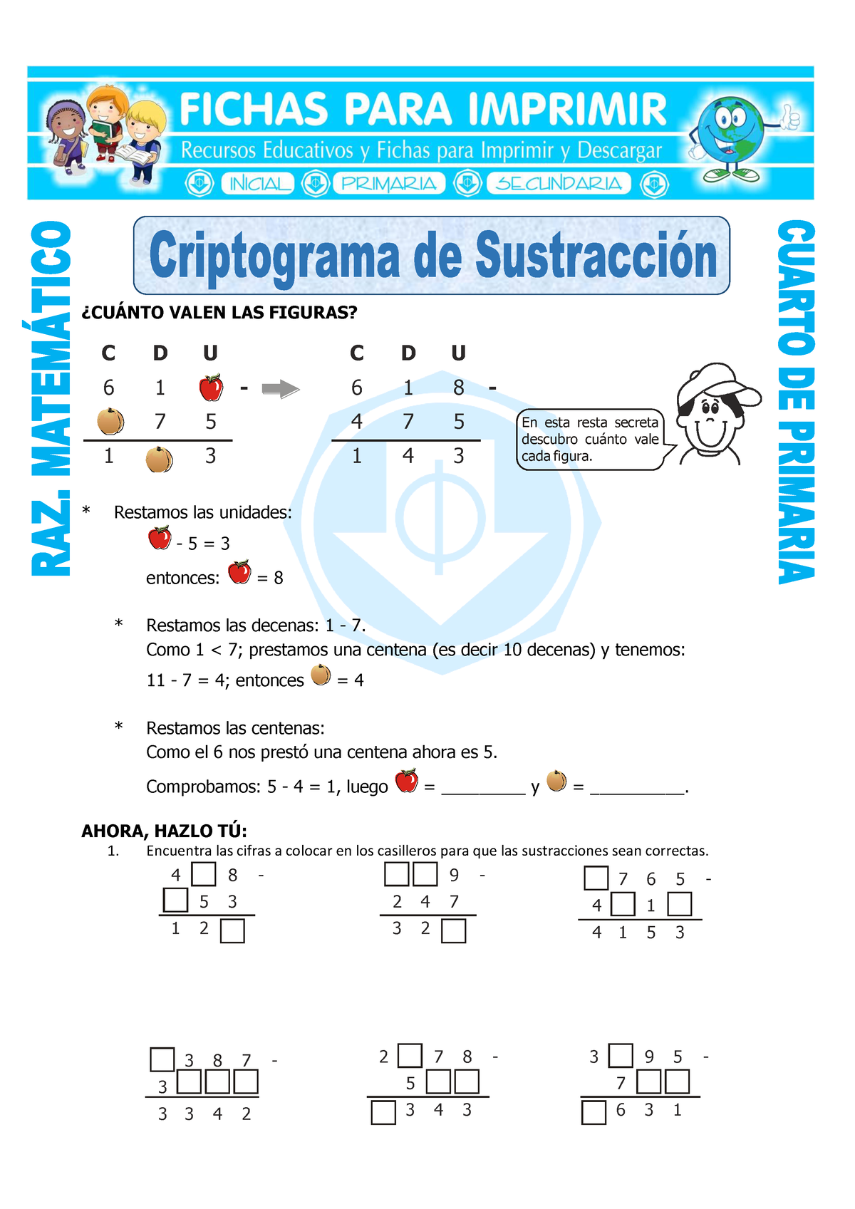 Criptograma De Sustracción Para Cuarto De Primaria - øCU¡NTO VALEN LAS ...