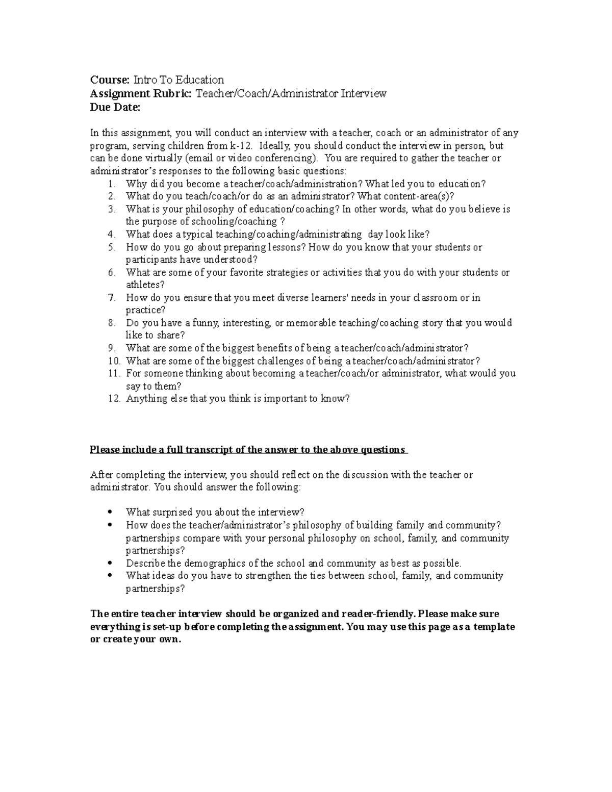 Teacher Interview Assignment - Course: Intro To Education Assignment ...