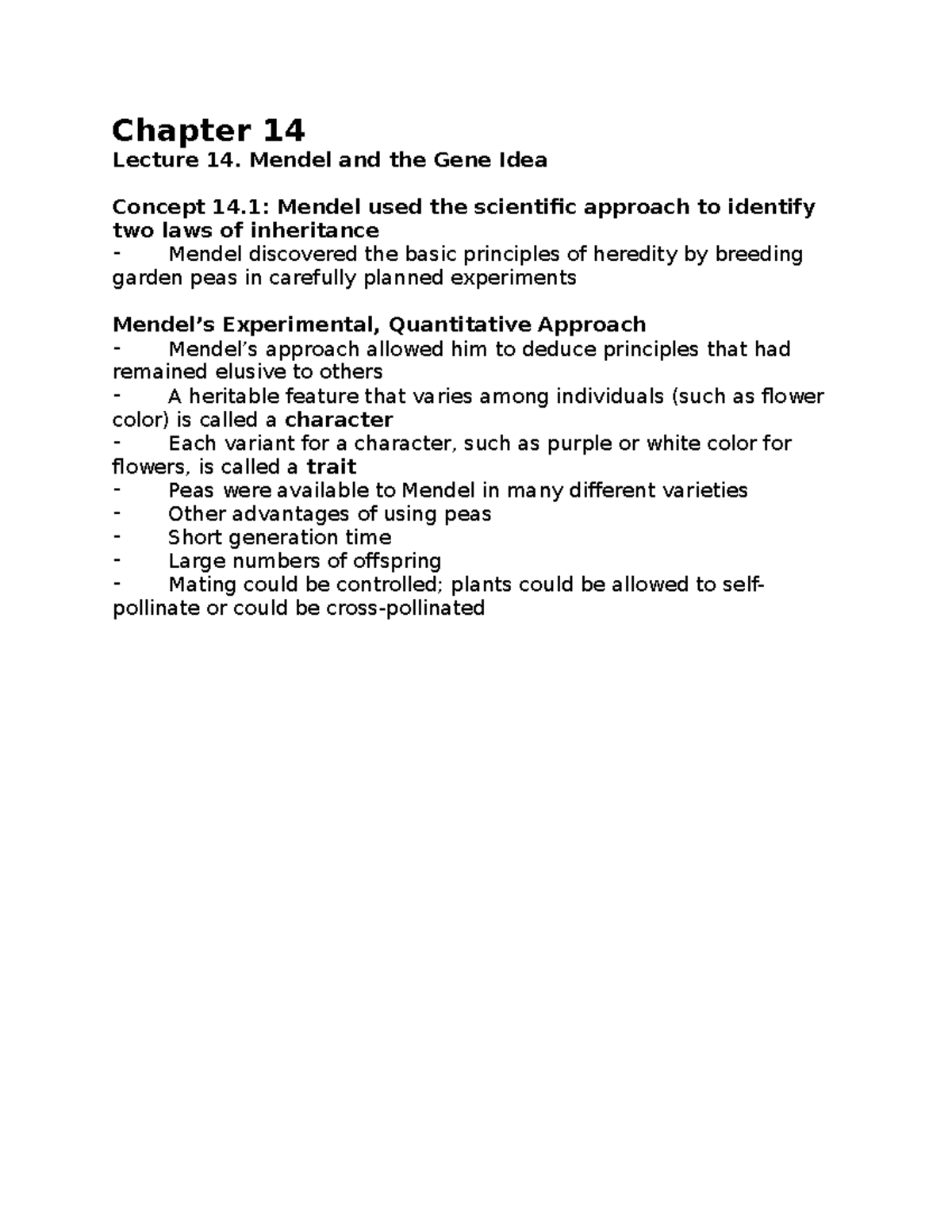 Lsu Biol 1201 Chapter 14 Notes - Chapter 14 Lecture 14. Mendel And The ...