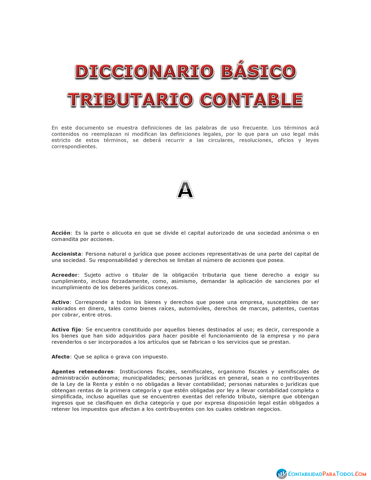 Diccionario Basico Triburario Contable En Este Documento Se Muestra Definiciones De Las 0645