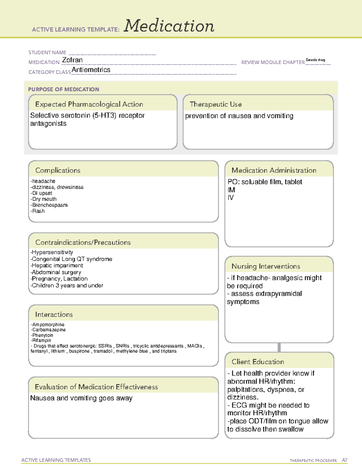 Zofran Medication Template VNSG 1423 Weatherford College Studocu