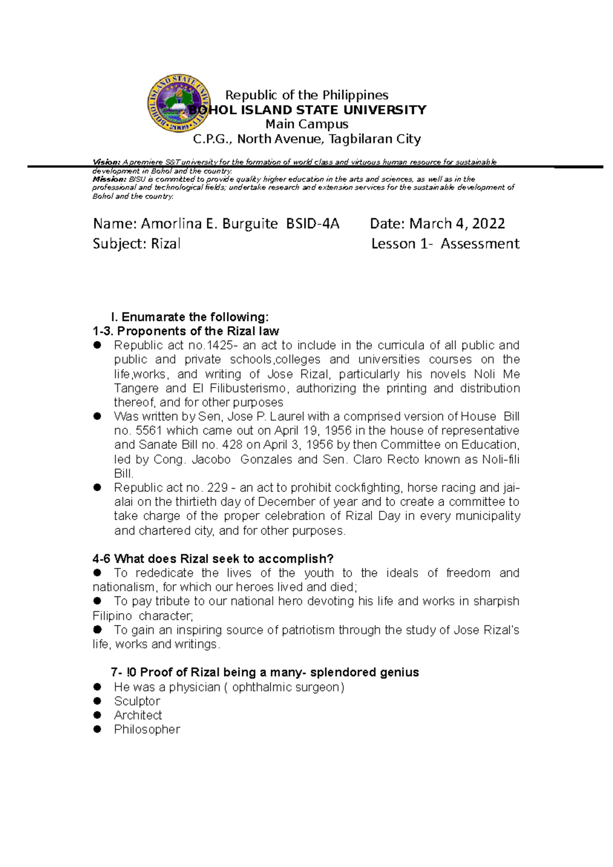 Lesson-1-rizal - Reference - Republic Of The Philippines Bohol Island 