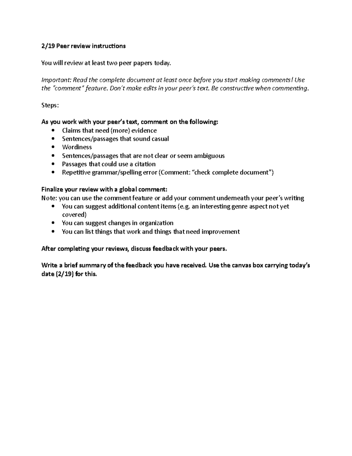 2:19 In-Class Instructions - 2/19 Peer review instructions You will ...