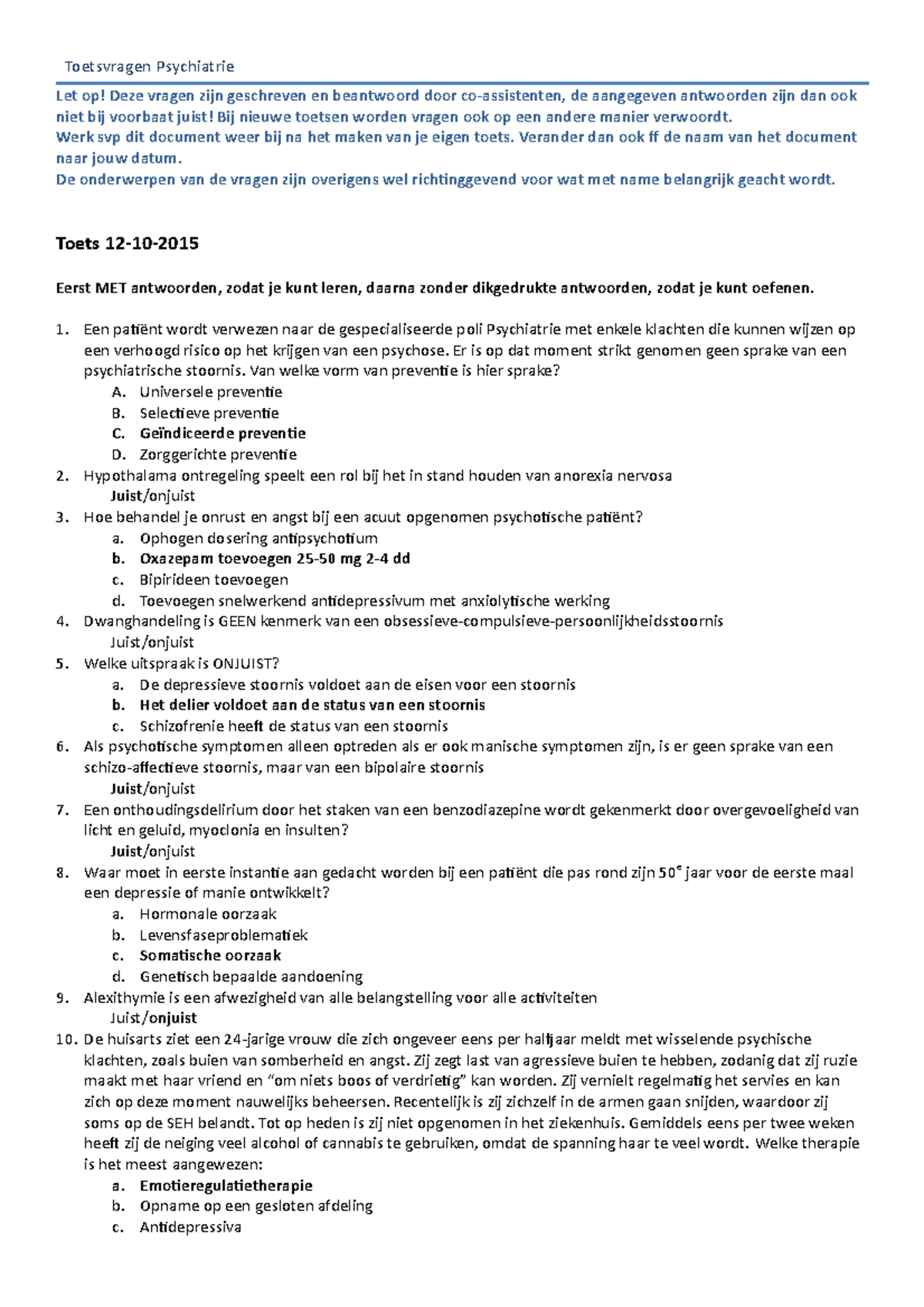 Toets 2015, Vragen En Antwoorden - Toetsvragen Psychiatrie Let Op! Deze ...