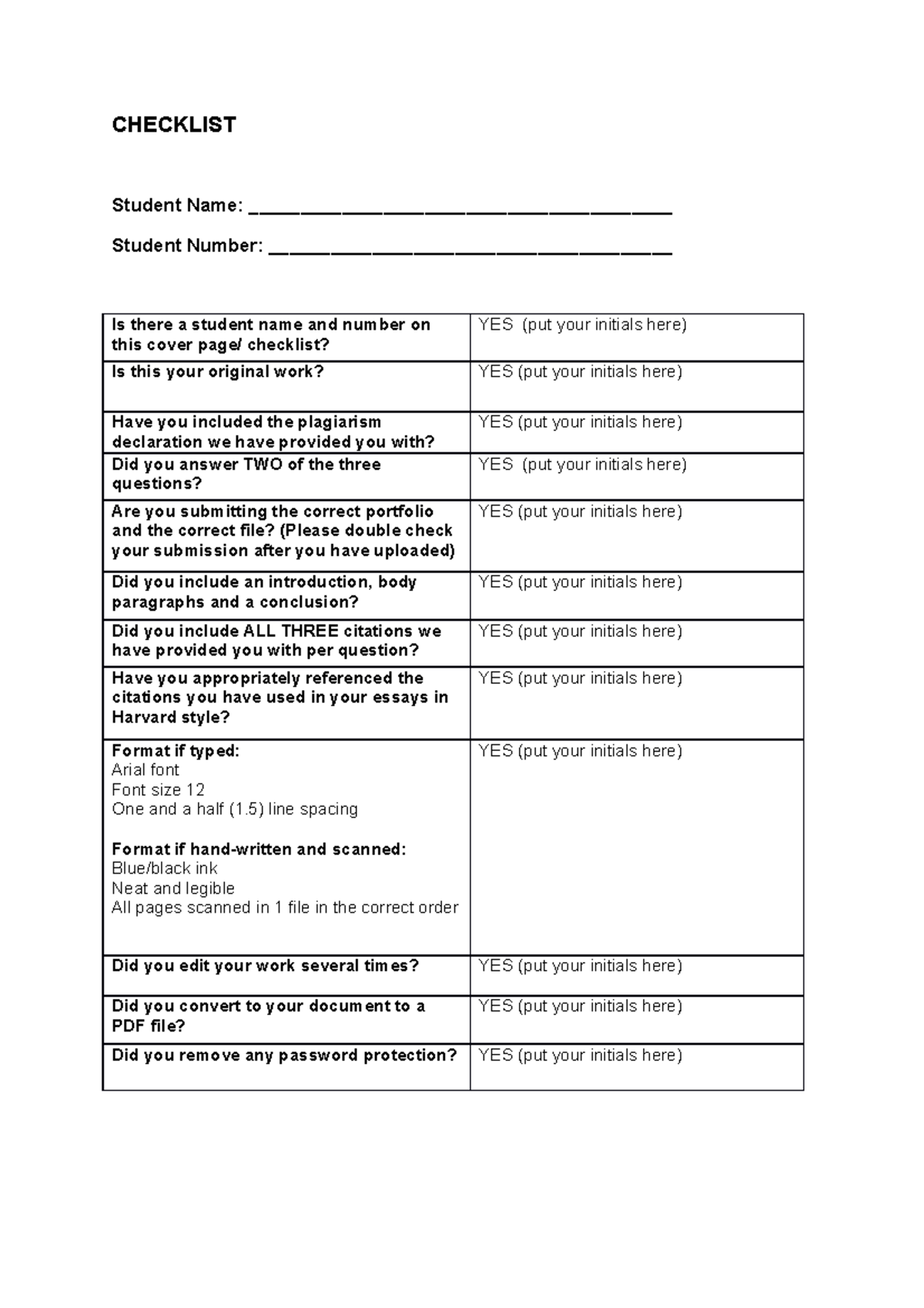 Checklist AND Declaration - CHECKLIST Student Name