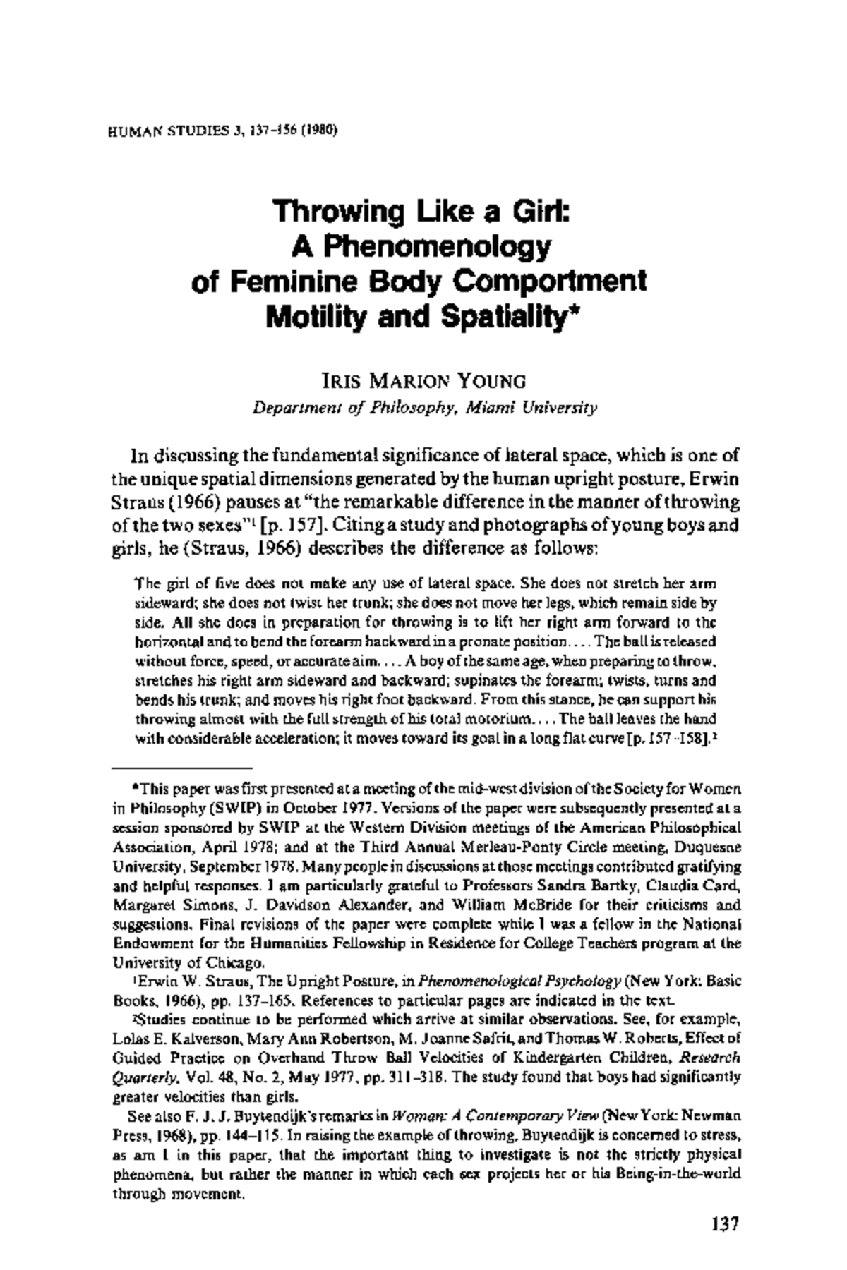 Throwing like a girl Required reading HUMAN STUDIES 3, 137156