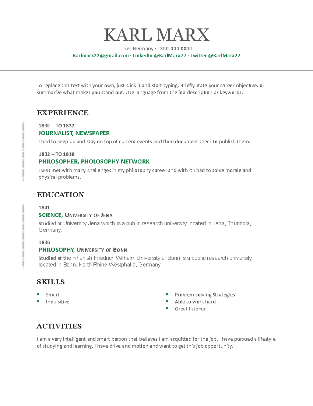 Karl Marx FAKE Resume Template for assignments - KARL MARX Trier ...