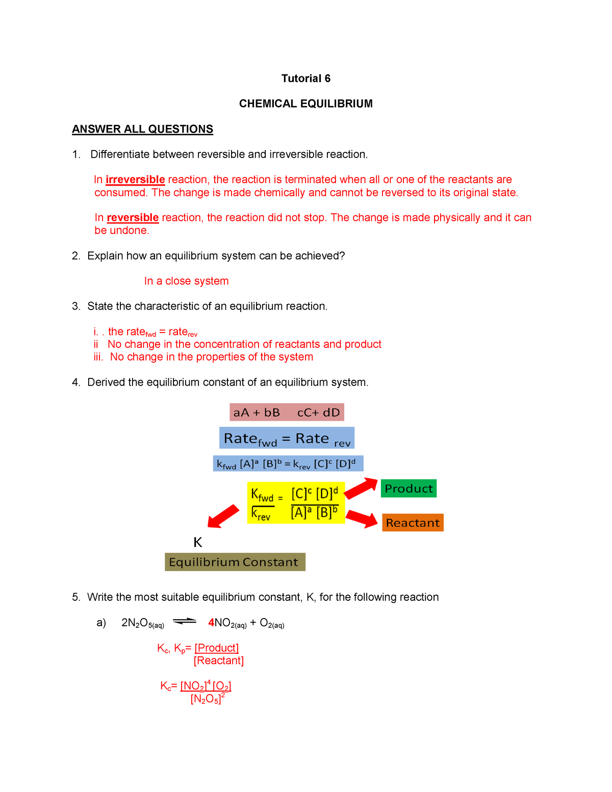 Tutorial 6 Answer CHEMICAL EQUILIBRIUM - Tutorial 6 CHEMICAL ...