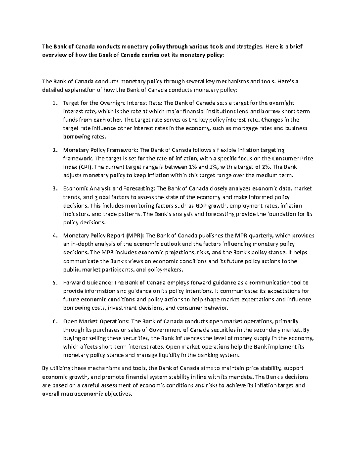 Notes on monetary policy - The Bank of Canada conducts monetary policy ...