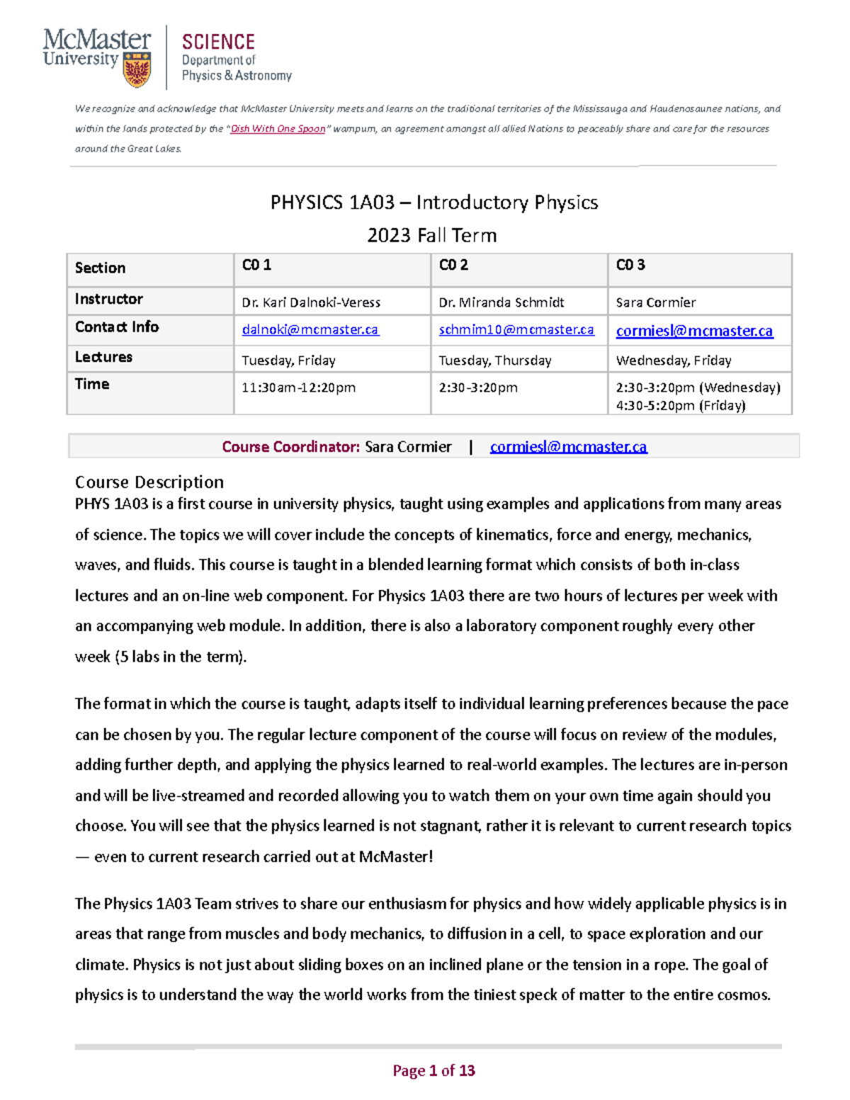 Physics 1A03 – Introductory Physics - F2023 v4 Sept7 - We recognize and ...