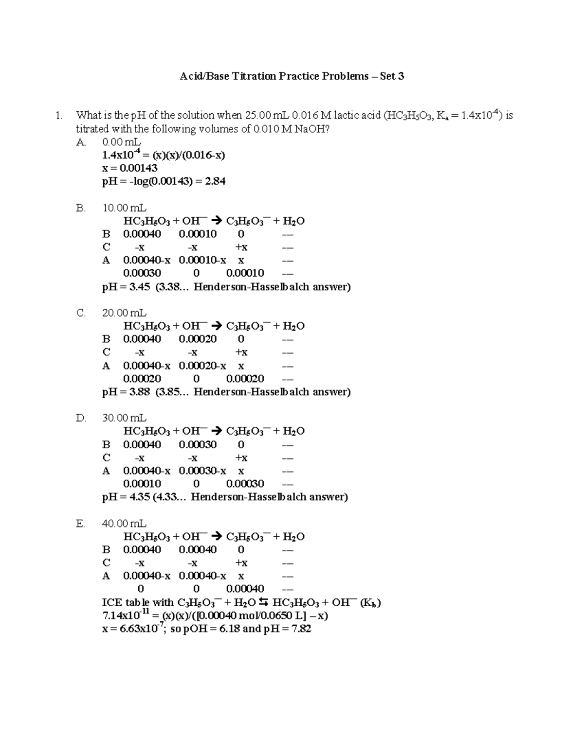 Acid Base TitrationsSet3Key Acid/Base Titration Practice Problems Set 3 What is the pH of