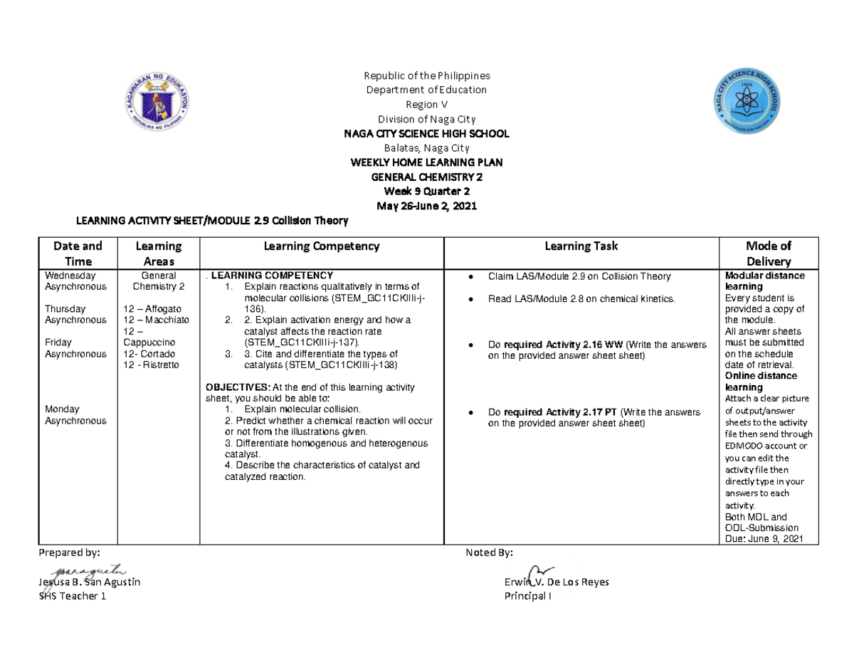 Whlp For Week 9 General Chemistry 2 Qrtr 2 - Republic Of The 