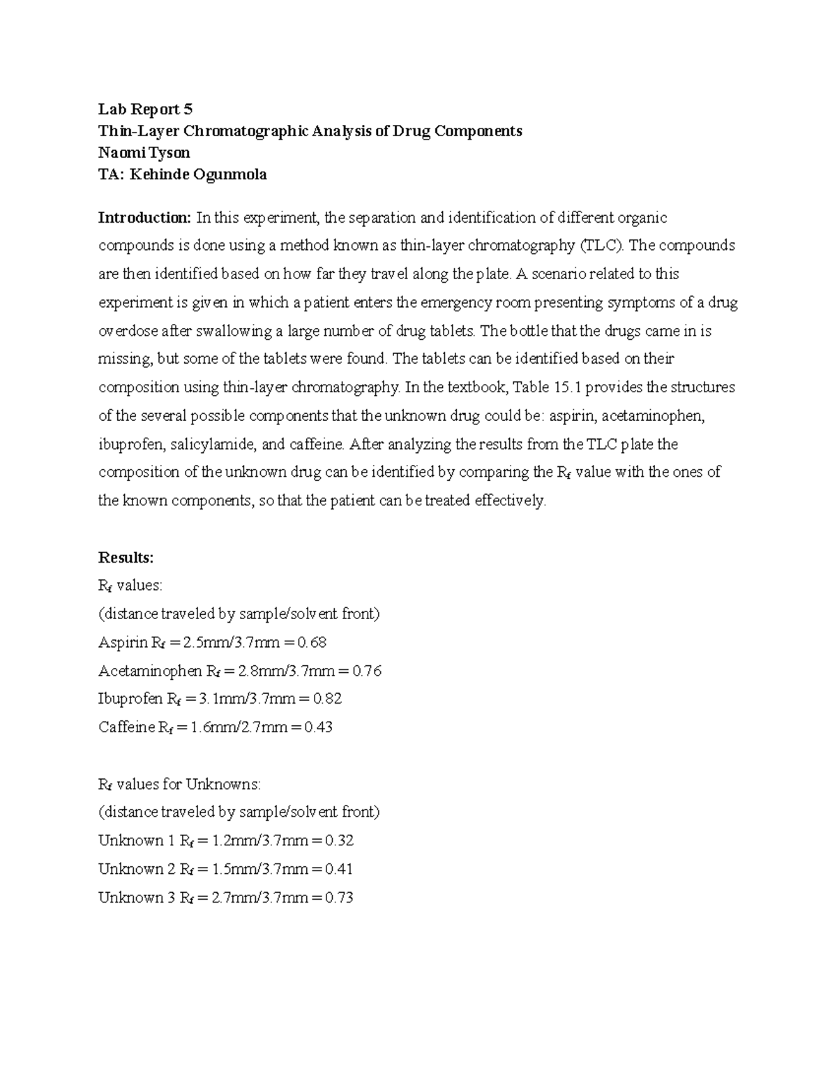 CH 237 Experiment 5 Thin-Layer Chromatographic Analysis of Drug ...