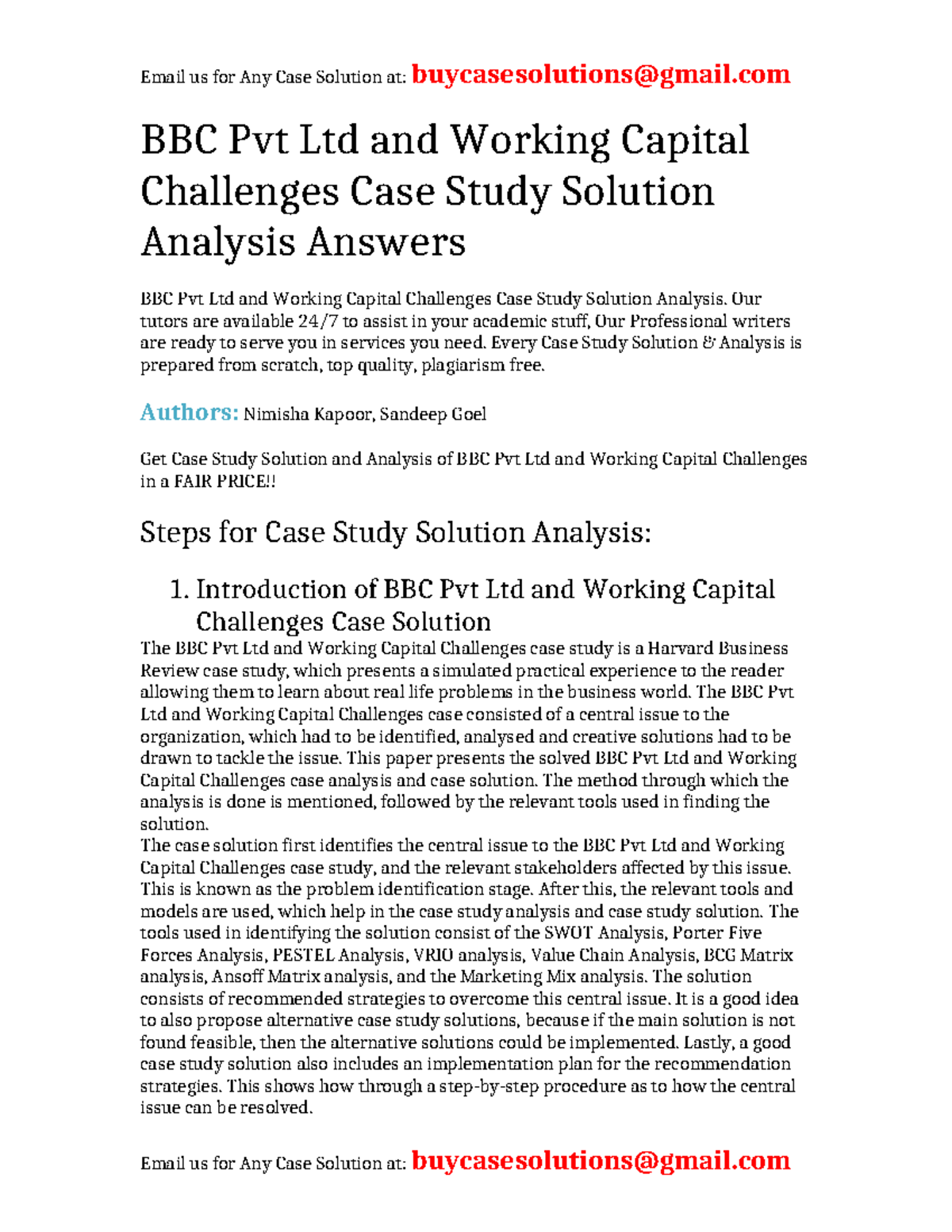 Case Solution BBC Pvt Ltd and Working Capital Challenges - BBC Pvt Ltd ...